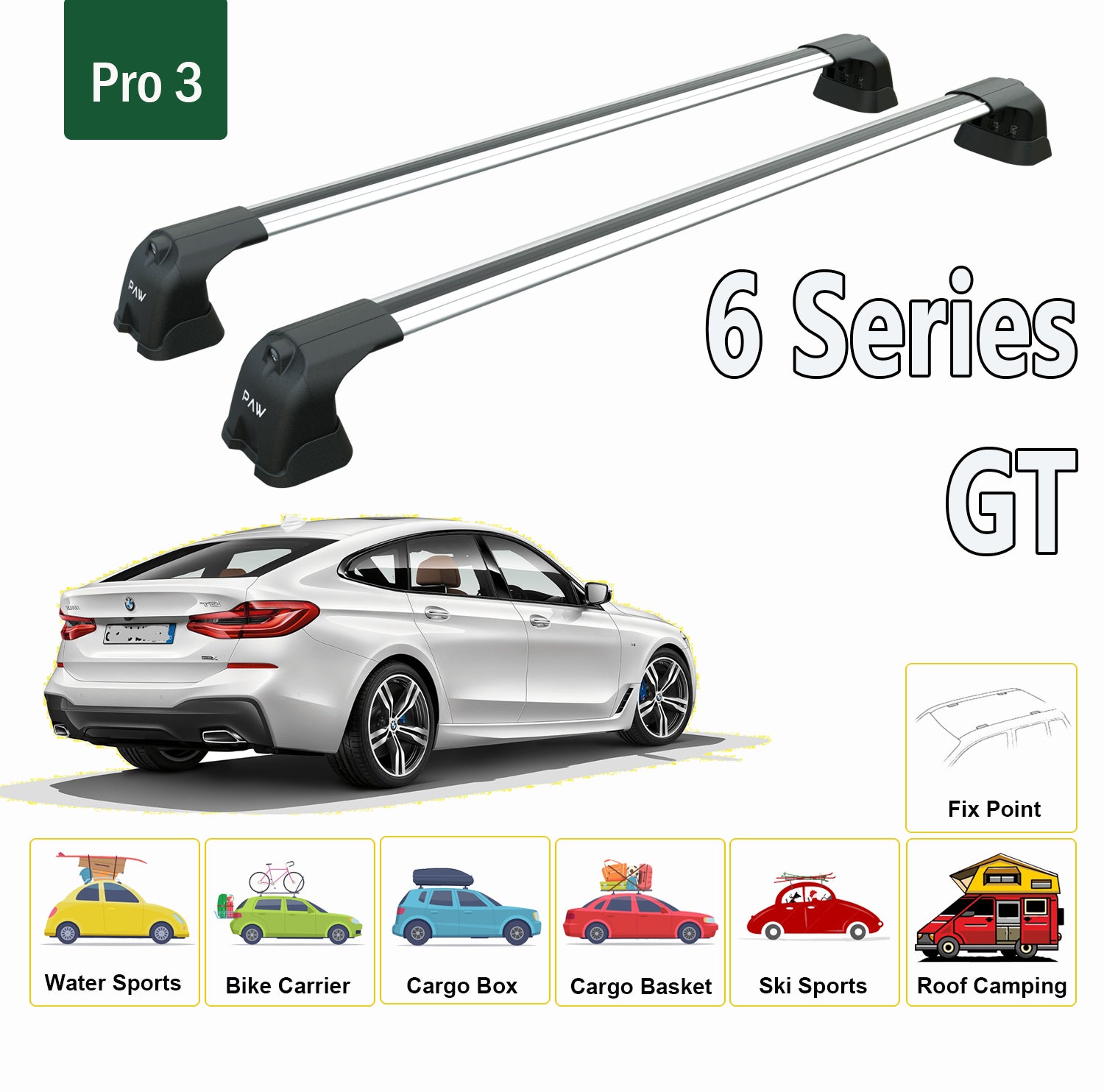 For BMW 6 GT G32 2017-Up Roof Rack Cross Bars Metal Bracket Fix Point Alu Silver-2