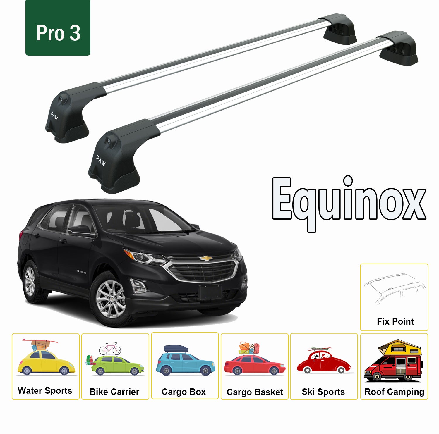For Chevrolet Equinox 2018-2023 Roof Rack Cross Bars Metal Bracket Fix Point Alu Silver