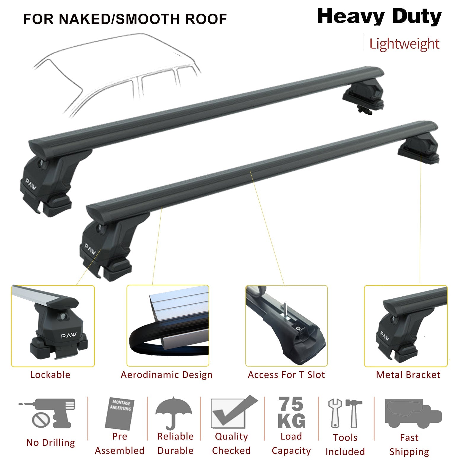 For Peugeot 208 Roof Rack System, Aluminium Cross Bar, Metal Bracket, Normal Roof, Black - 0