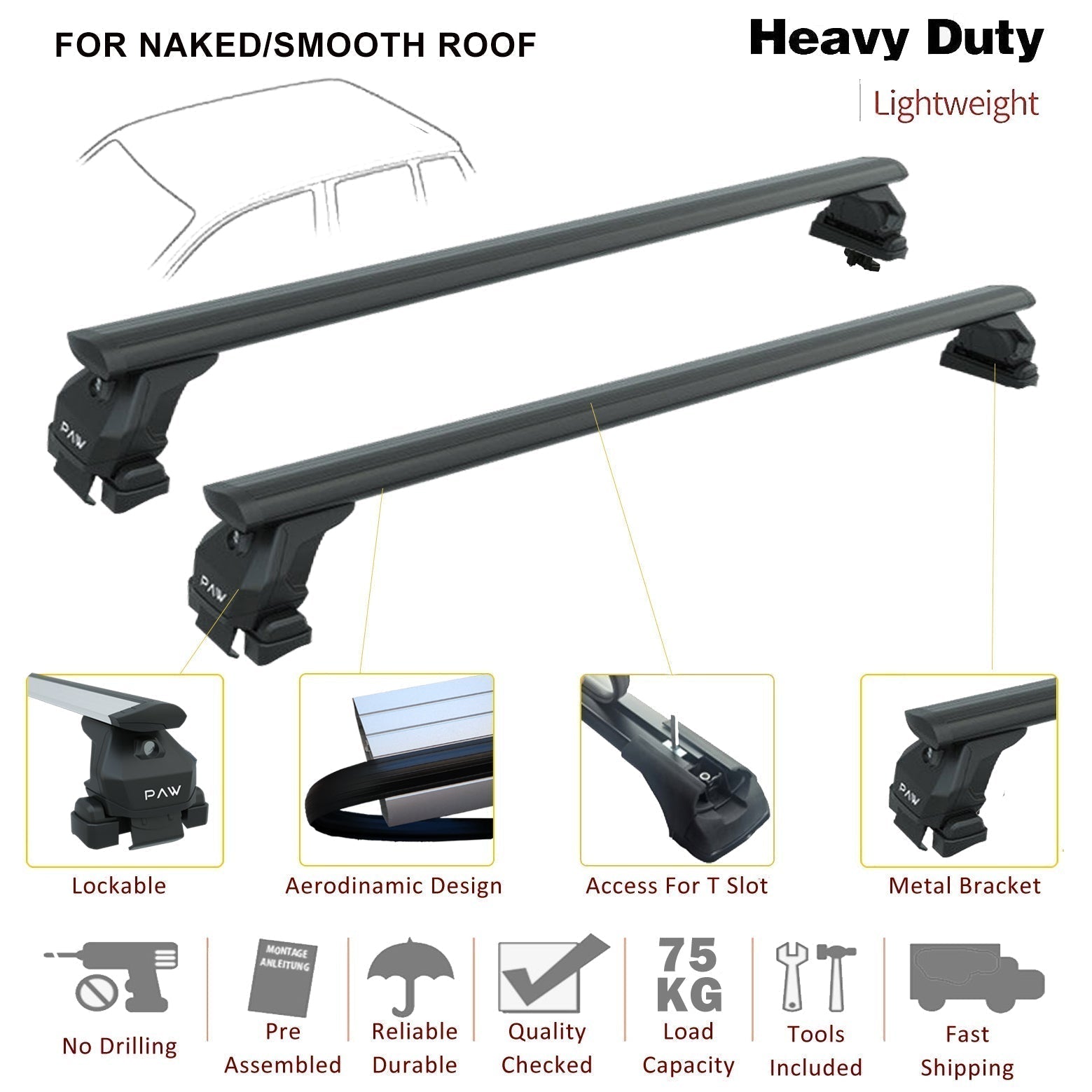 For Dacia Spring Aluminium Roof bars for cars with standard roof for Toros Pro 4 Black - 0