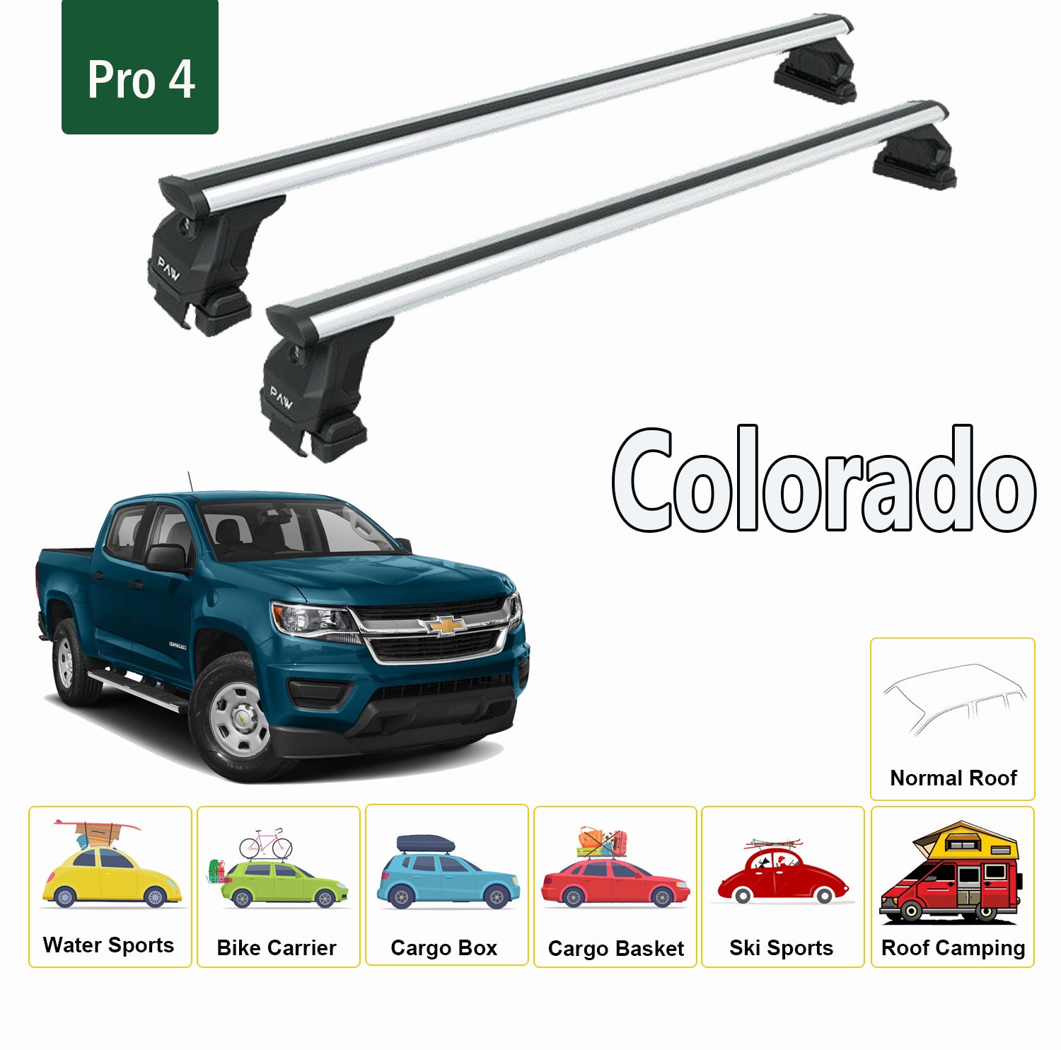Für Chevrolet Colorado 2015-Up Dachträgersystem, Aluminium-Querstange, Metallhalterung, normales Dach, Silber