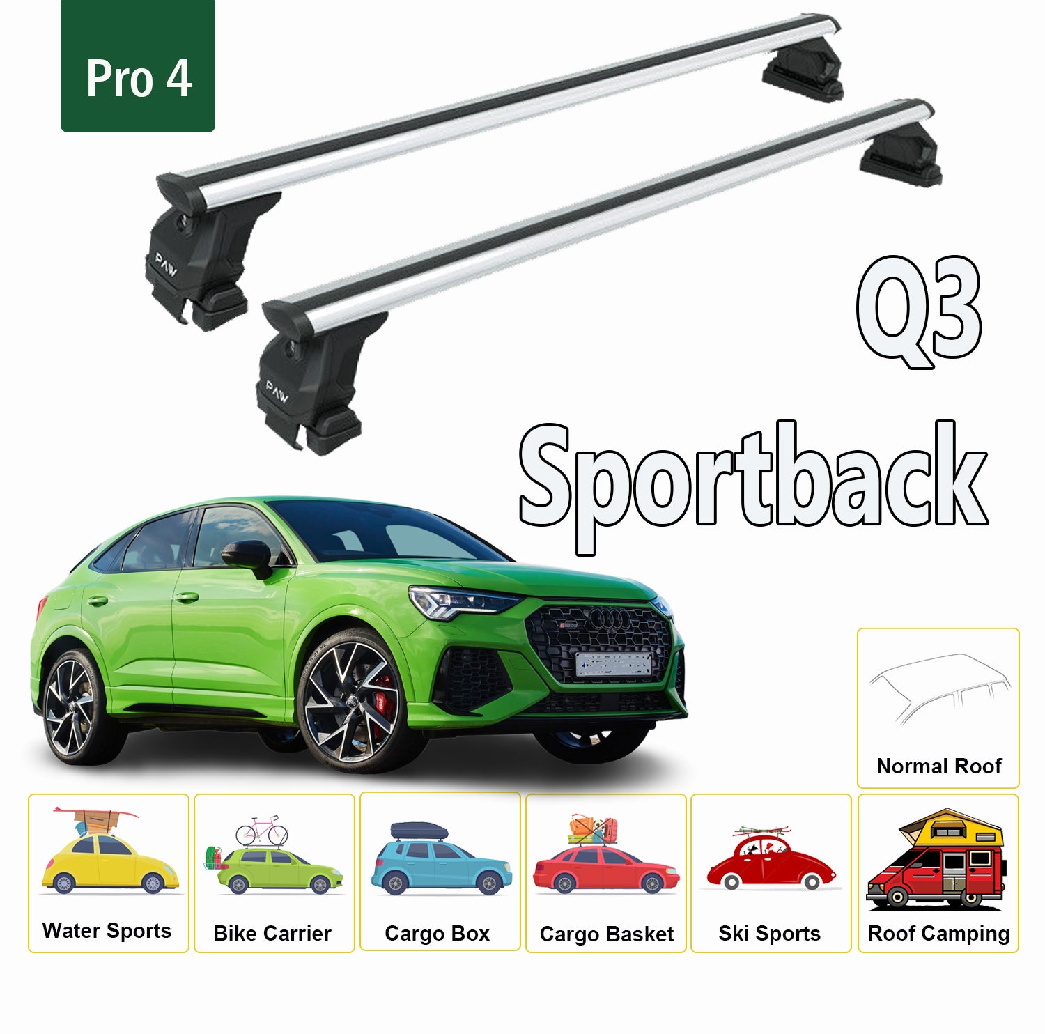 For Audi Q3 Sportback 2019-Up Roof Rack Cross Bars Metal Bracket Normal Roof Alu Silver - 0