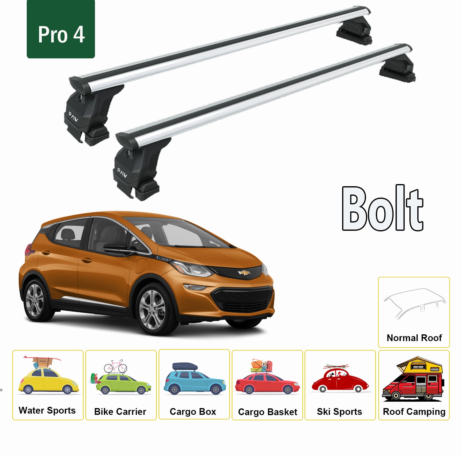 Für Chevrolet Bolt / Bolt EV 2017-Up Dachträgersystem, Aluminium-Querstange, Metallhalterung, normales Dach, Silber
