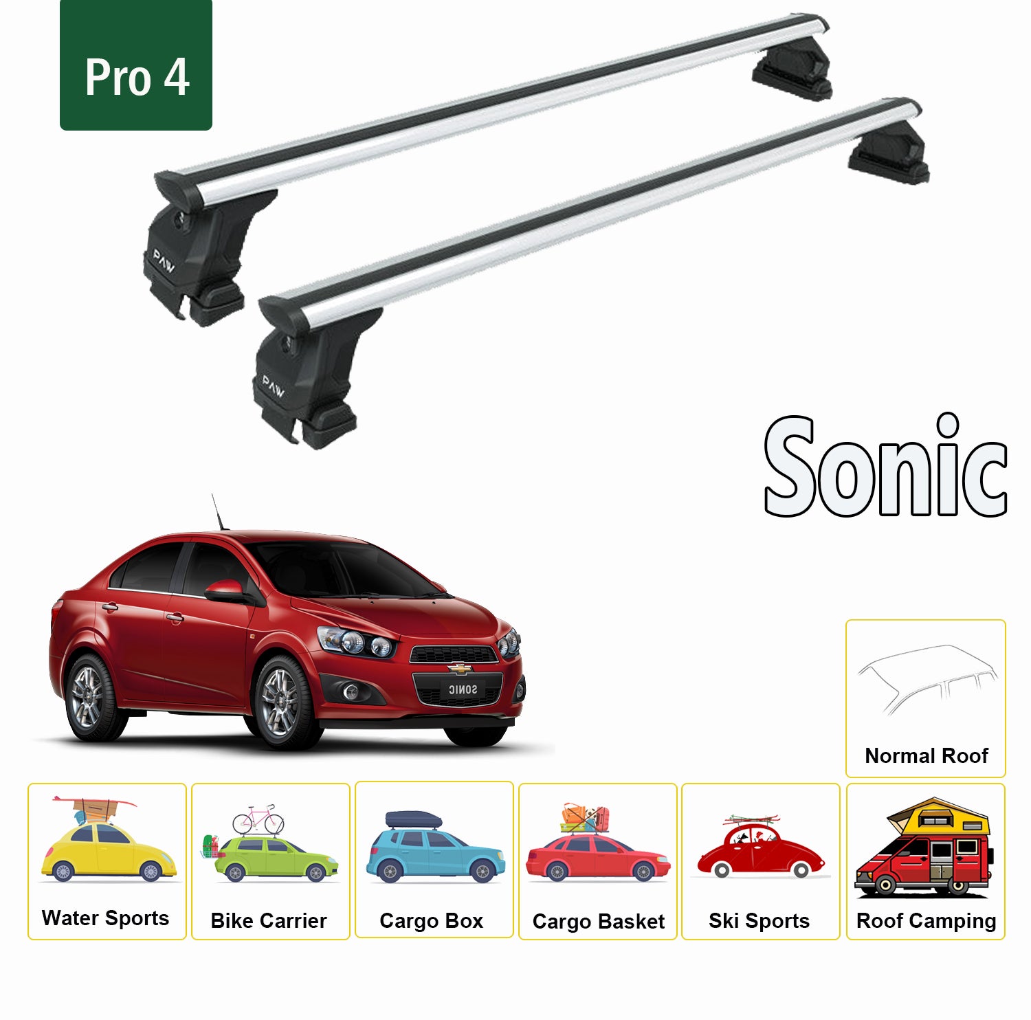 For Chevrolet Sonic 2012-2021 Roof Rack Cross Bars Metal Bracket Normal Roof Alu Silver