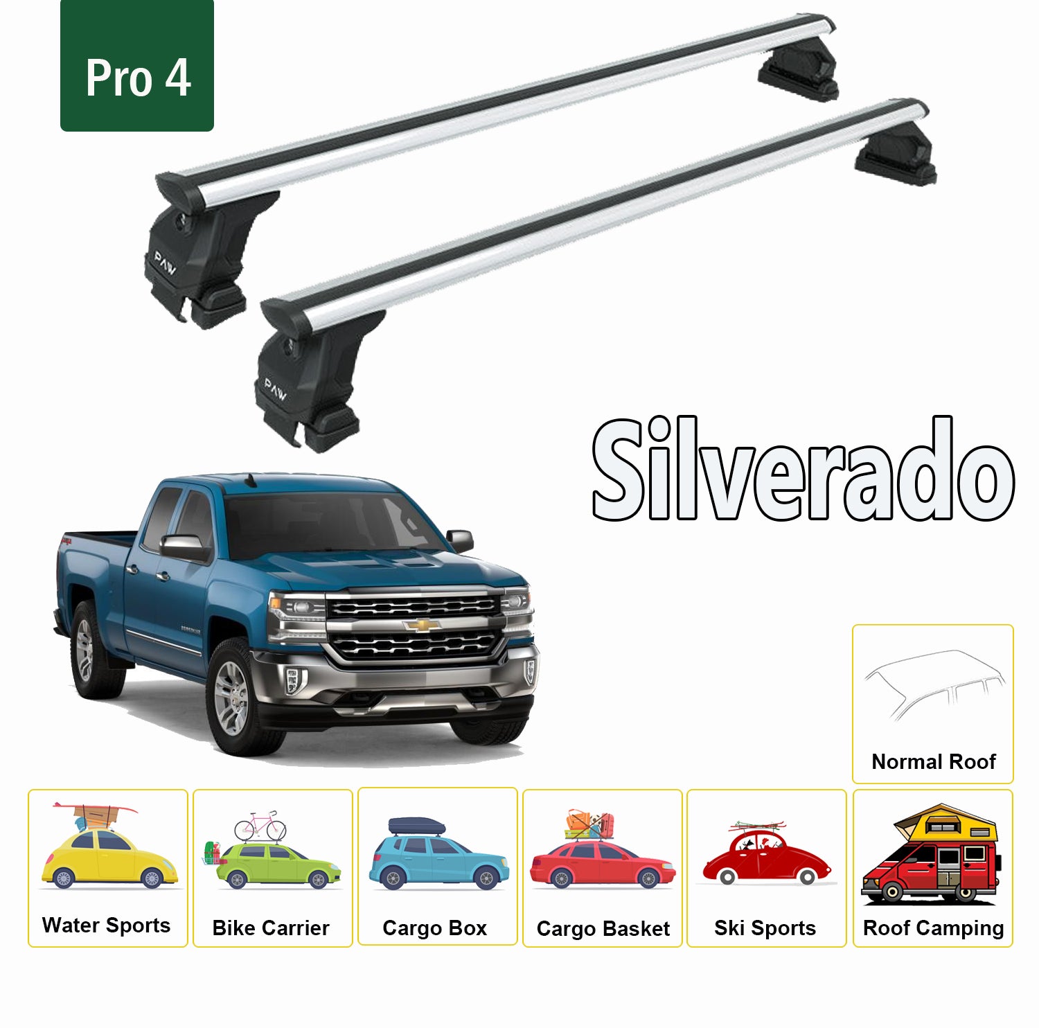 Für Chevrolet Silverado 1500/2500 2019-Up Dachträgersystem, Aluminium-Querstange, Metallhalterung, normales Dach, Silber - 0