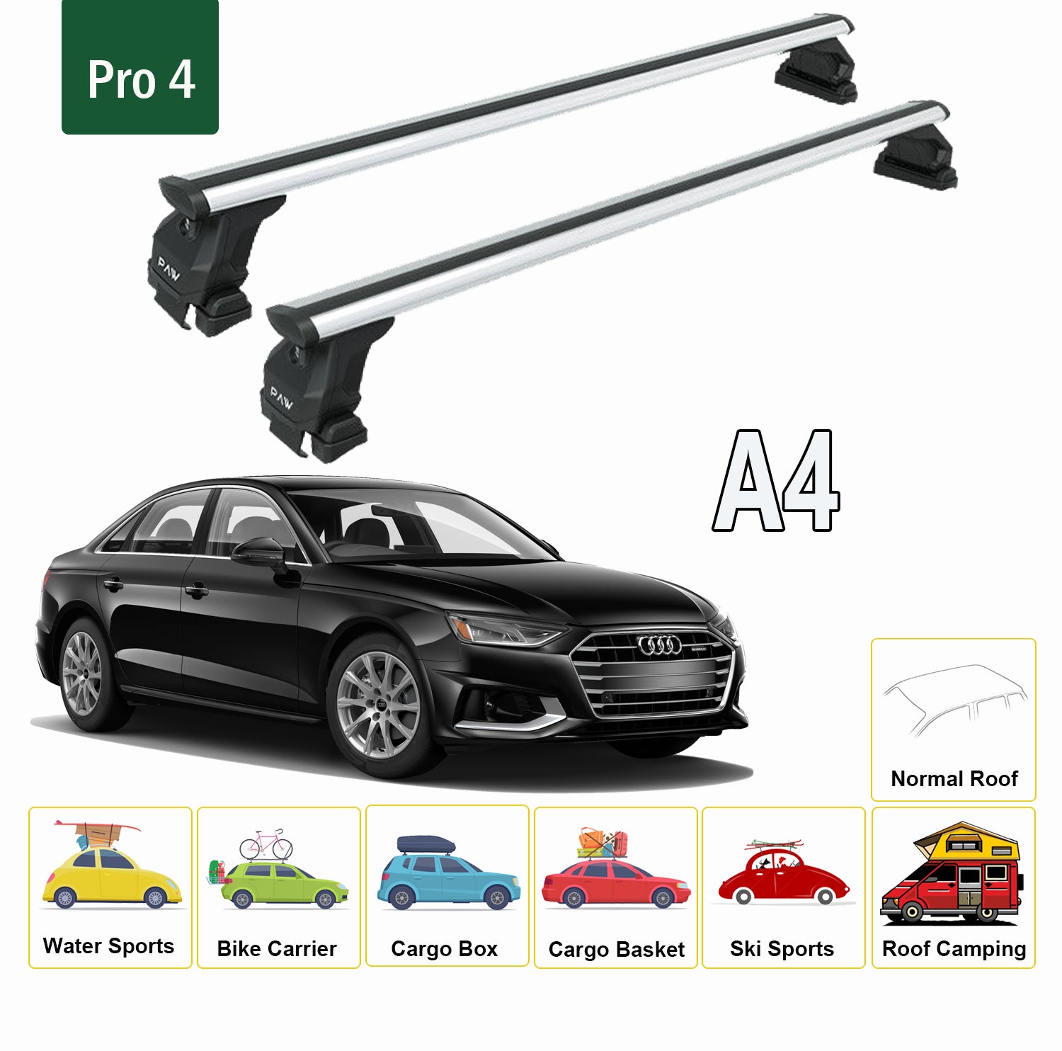 Für Audi A4 B9 Limousine ab 2013 Dachträgersystem, Aluminium-Querstange, Metallhalterung, normales Dach, schwarz