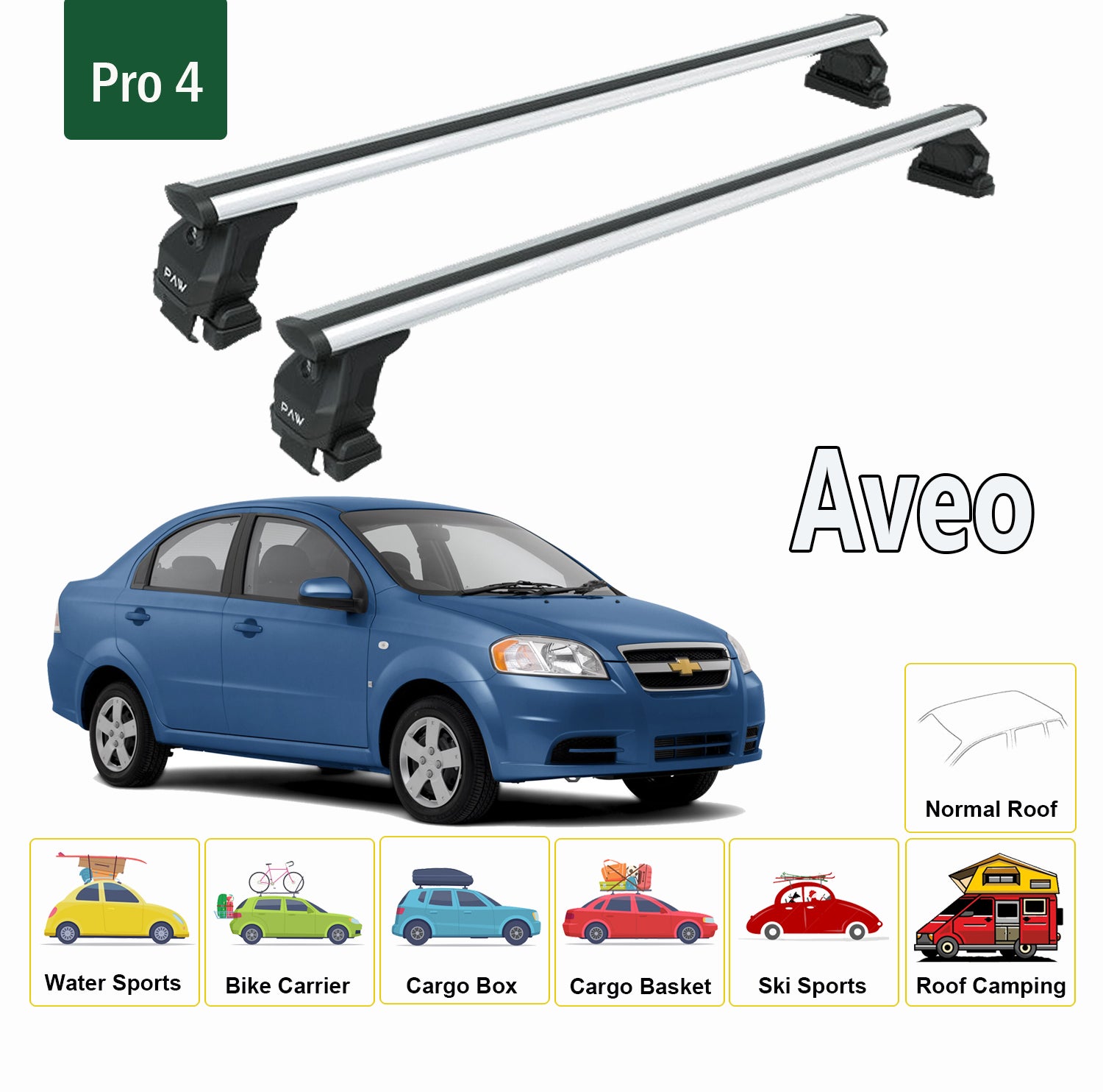 For Chevrolet Aveo 2004-2011 Roof Rack System, Aluminium Cross Bar, Metal Bracket, Normal Roof, Silver
