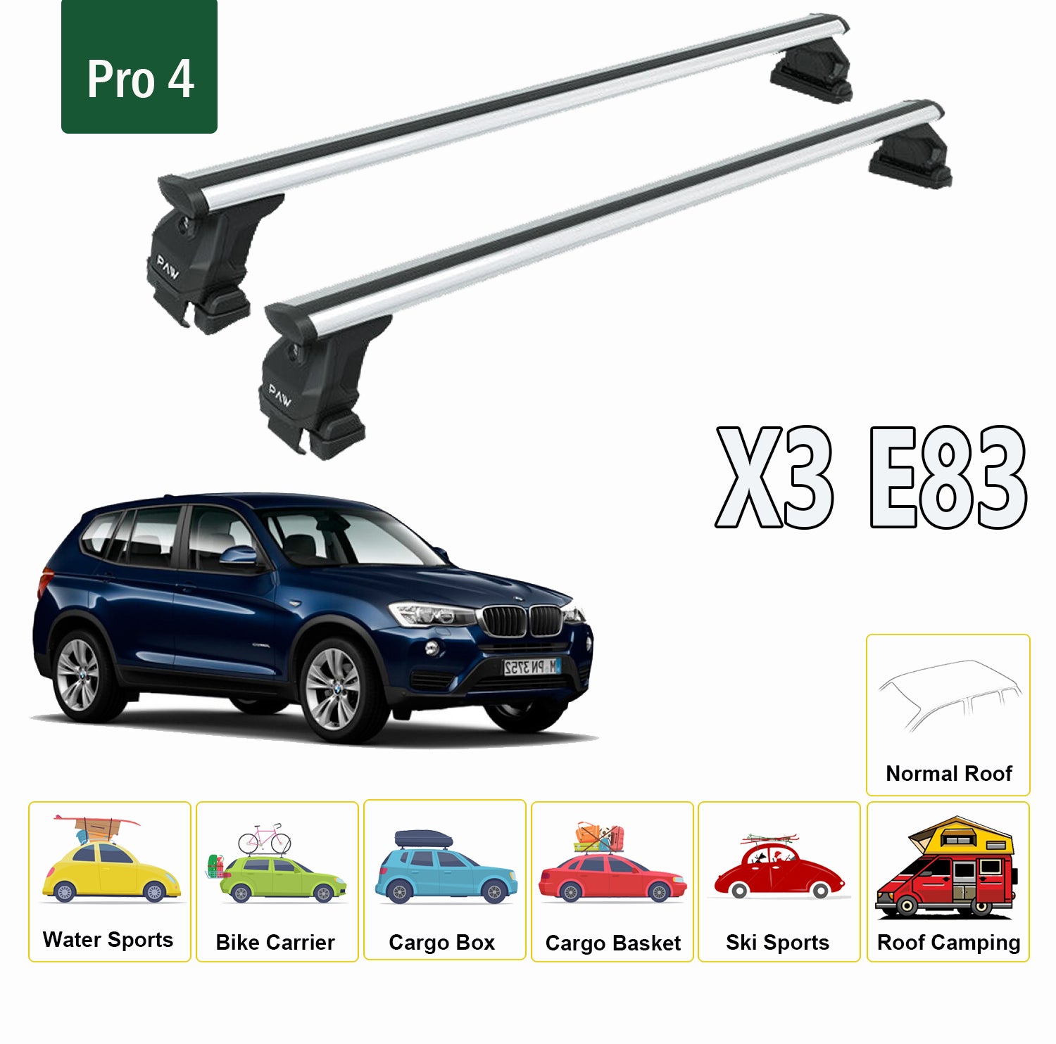 For BMW X3 E83 2003-10 Roof Rack Cross Bars Normal Roof Alu Silver - 0