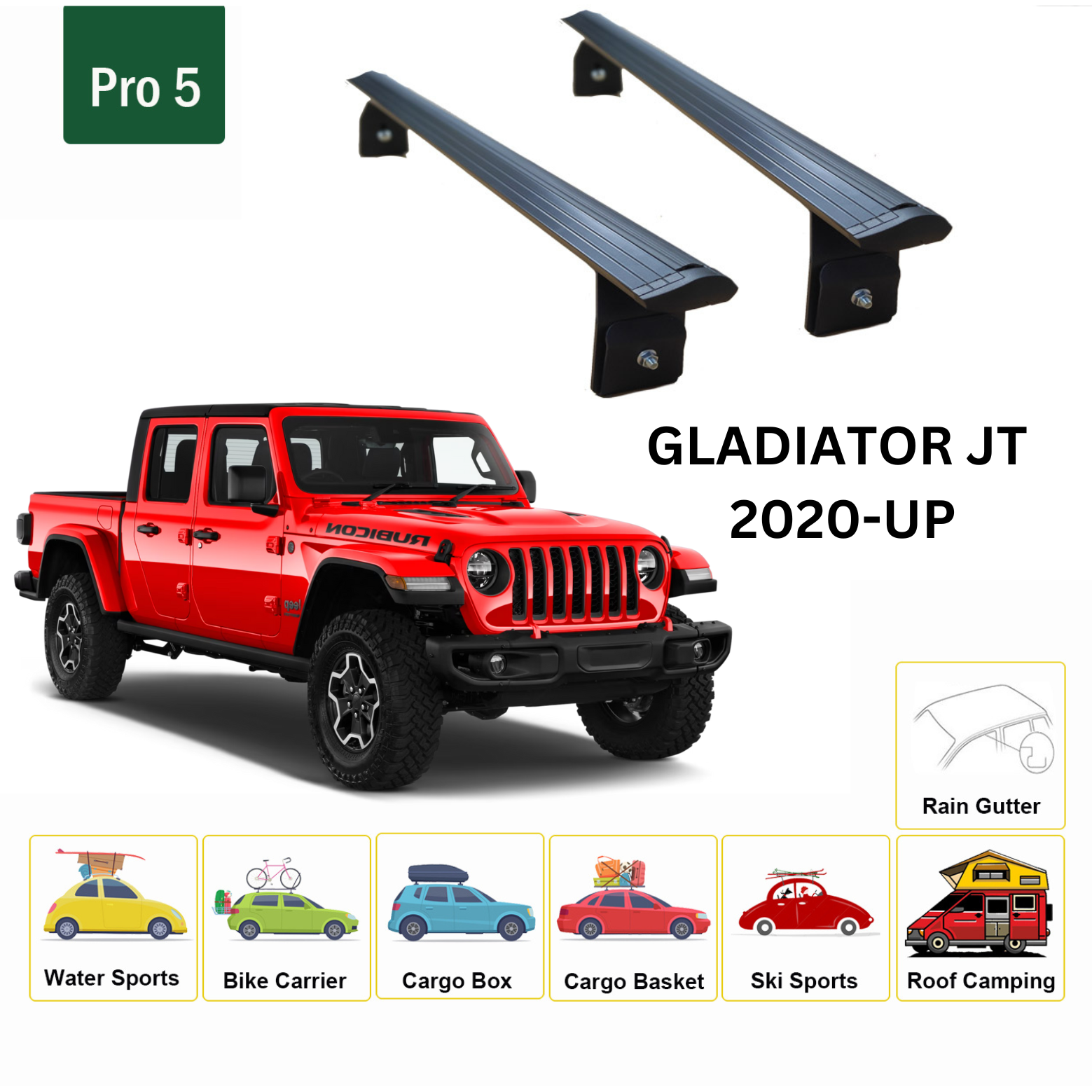 Für Jeep Gladiator JT 2020-Up Dachträgersystem, Aluminium-Querstange, Metallhalterung, abschließbar, Schwarz