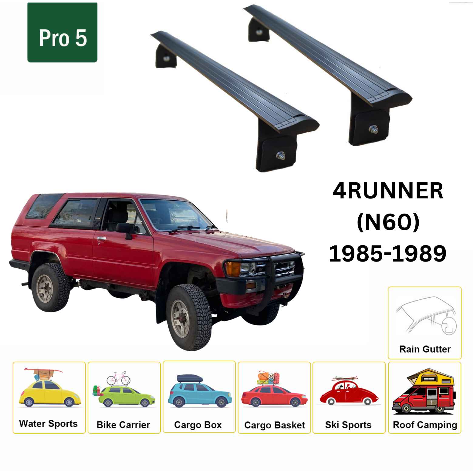 For Toyota 4Runner (N60) 1985-89 Roof Rack Cross Bars Rain Gutter Alu Black