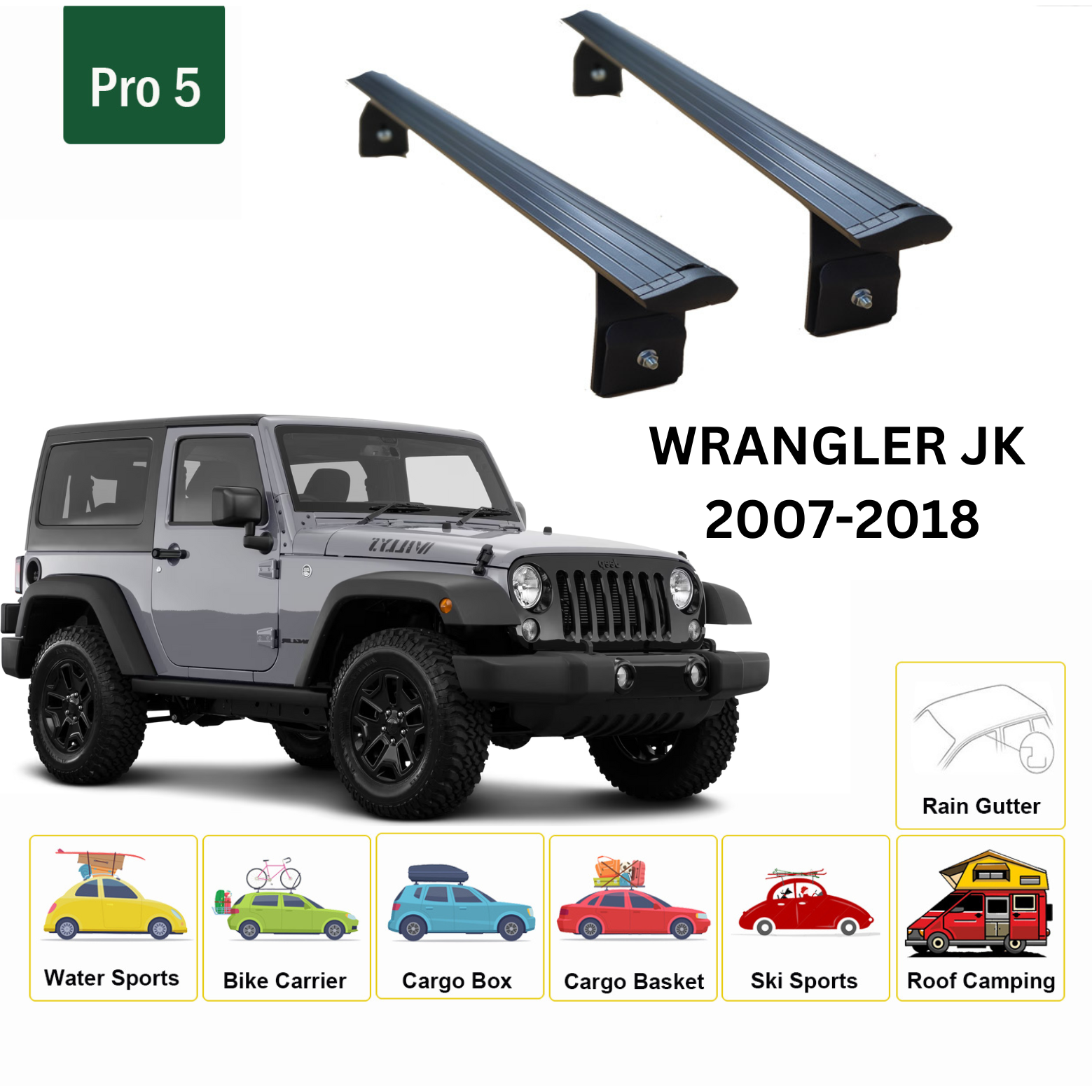 Für Jeep Wrangler JK 2007–2018 Dachträgersystem, Aluminium-Querstange, Metallhalterung, abschließbar, mit Regenrinnen schwarz-2