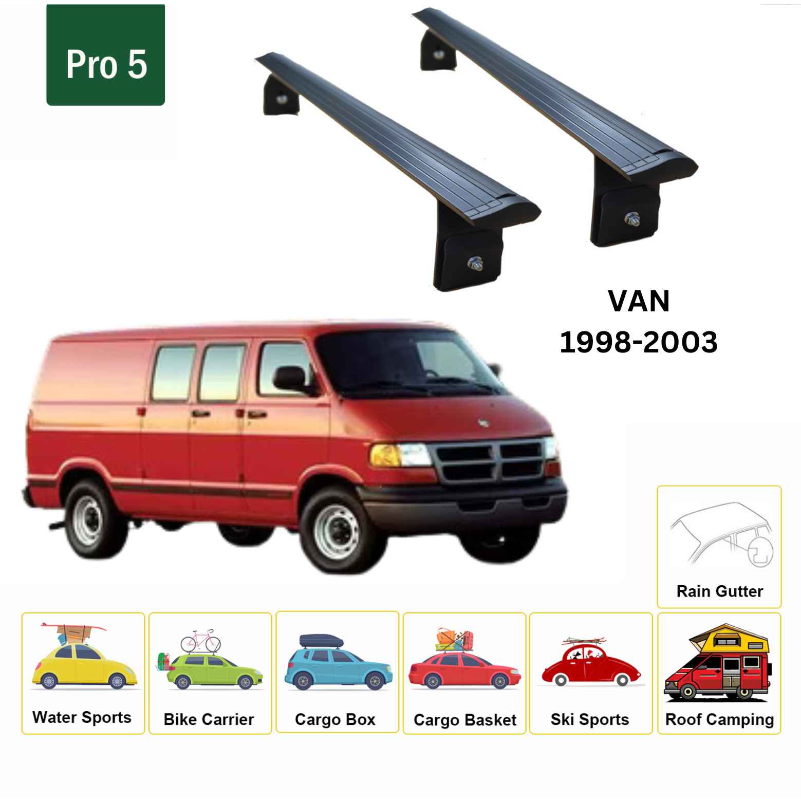 For Dodge/Ram Van 1998-2003 Cross Bars Rain Gutter Alu Black