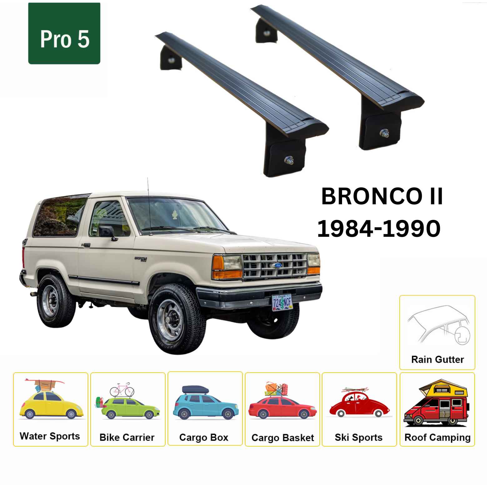 For Ford Bronco II 1984-90 Roof Rack Cross Bars Rain Gutter Alu Black