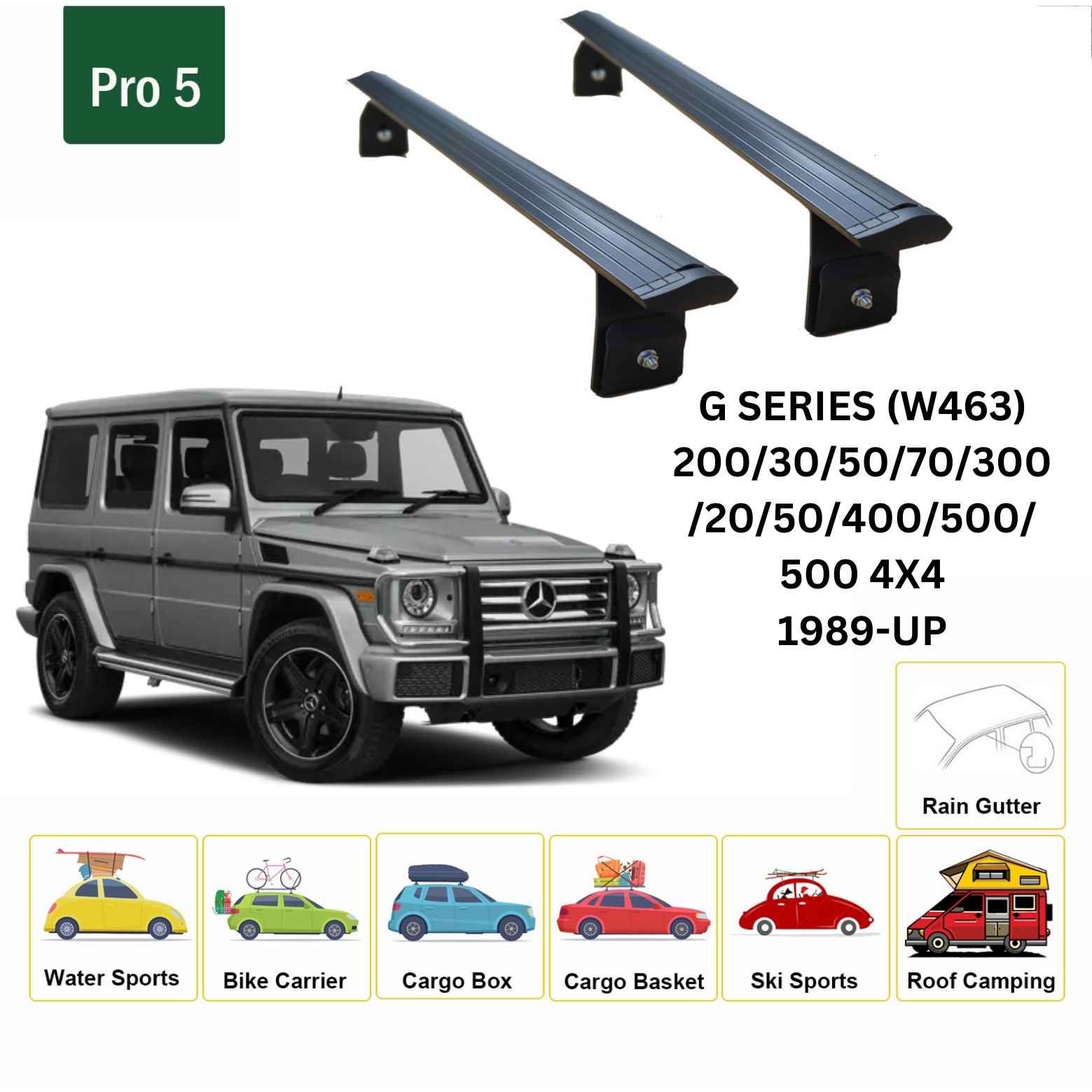 For Mercedes G (W463) 1989-Up Roof Rack Cross Bars Rain Gutters Alu Black - 0