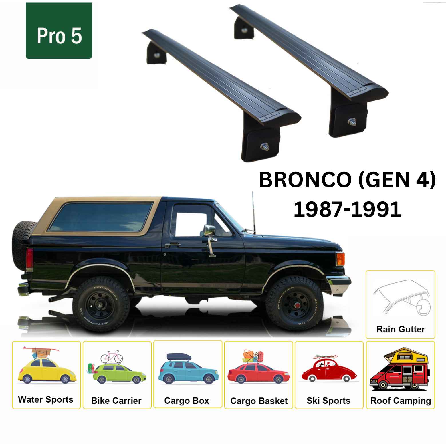 For Ford Bronco (GEN 4) 1987-91 Roof Rack Cross Bars Rain Gutter Alu Black