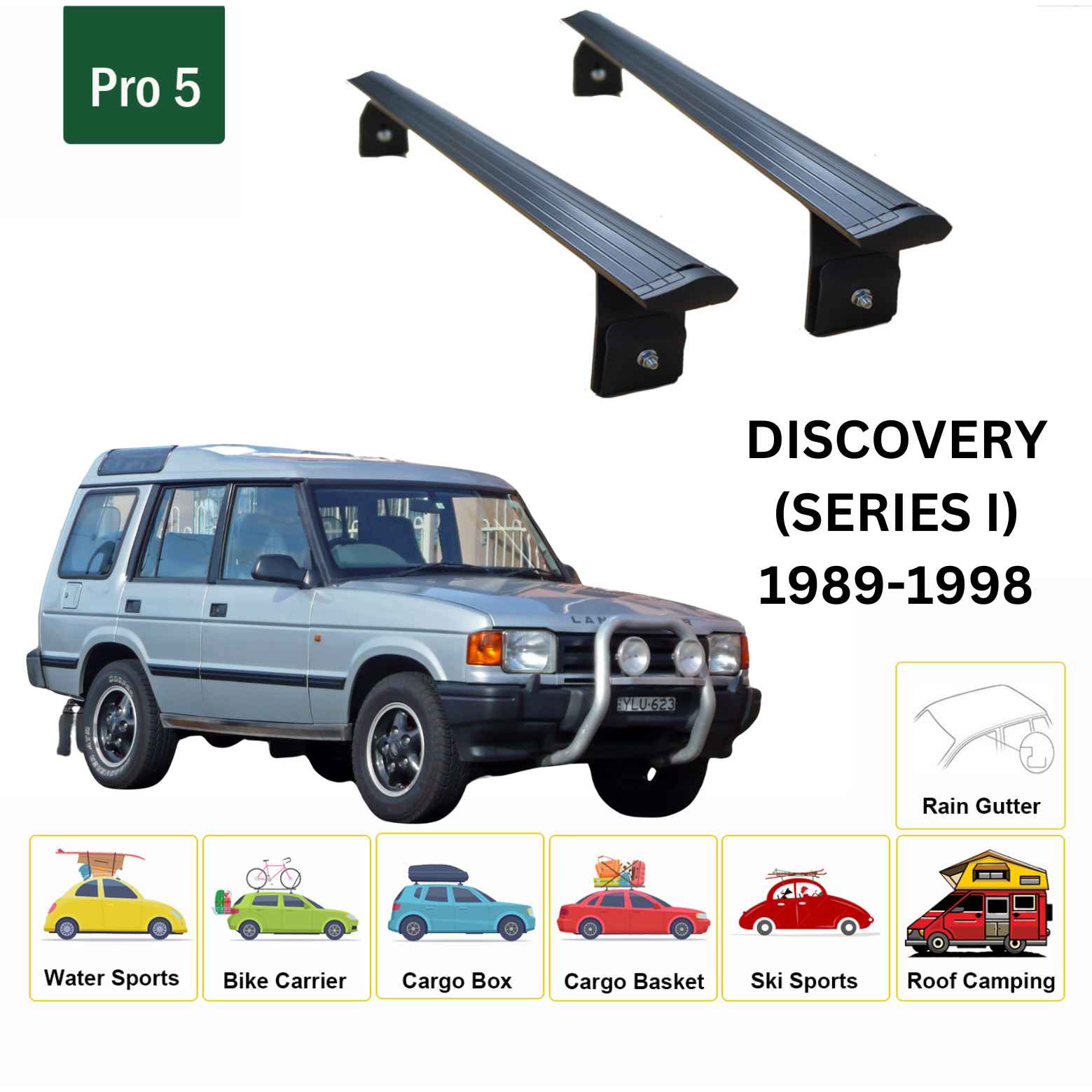 For Land Rover Discovery (Series 1) 1989-98 Roof Rack Cross Bars Rain Gutter Alu Black