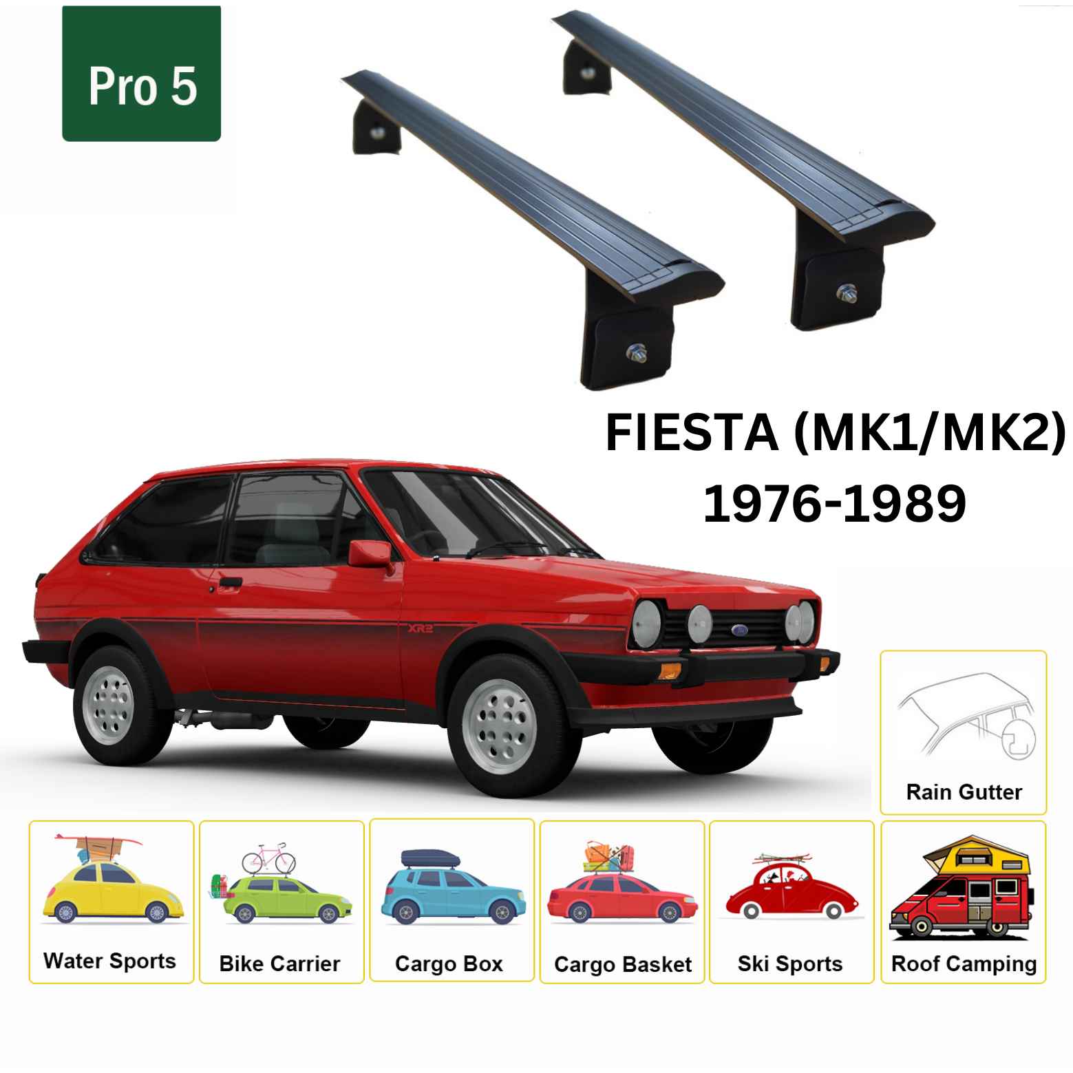 For Ford Fiesta (MK1/MK2) 1976-89 Roof Rack Cross Bars Rain Gutter Alu Black - 0