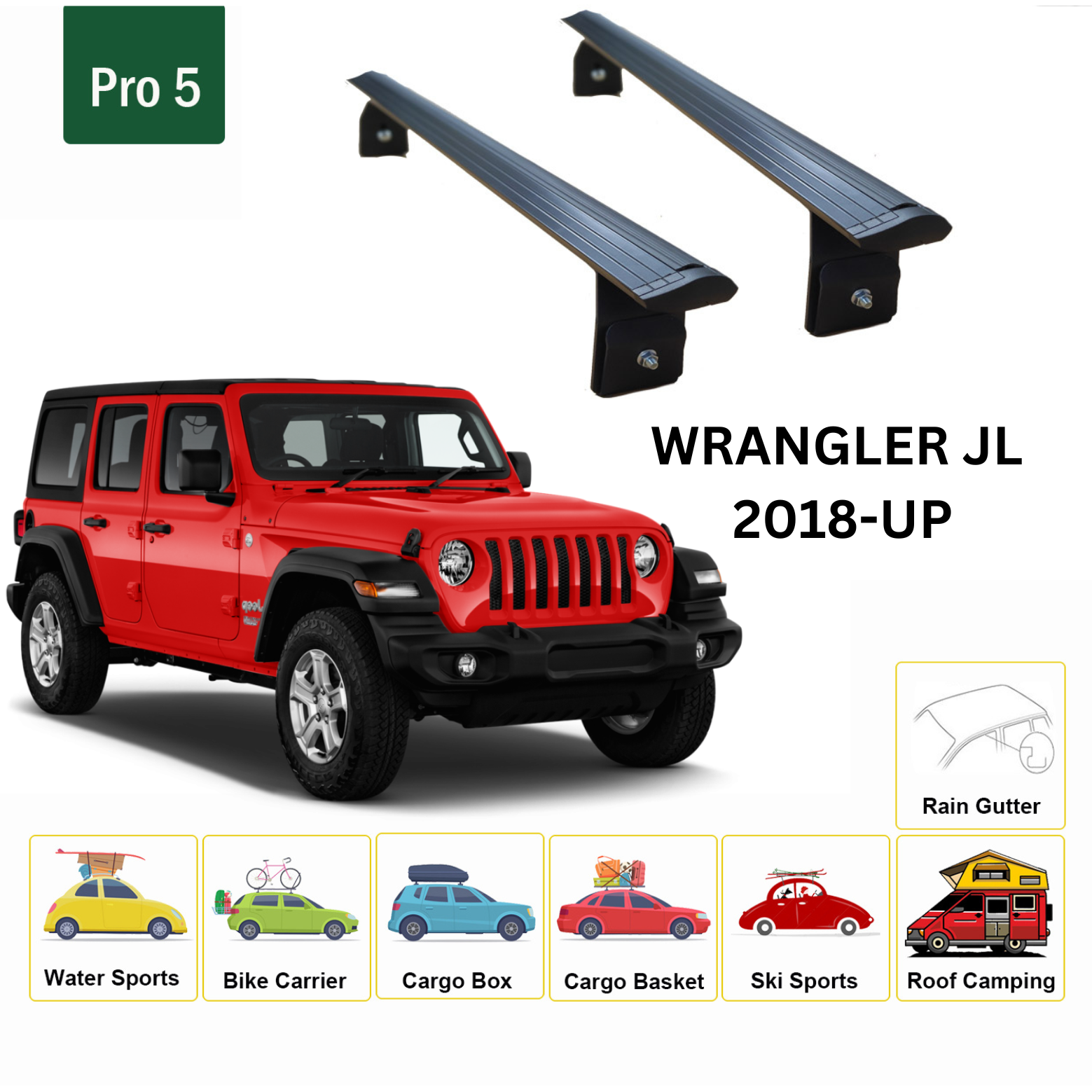 Für JEEP Wrangler JL 2018-Up Dachträgersystem, Aluminium-Querstange, Metallhalterung, abschließbar, mit schwarzen Regenrinnen - 0