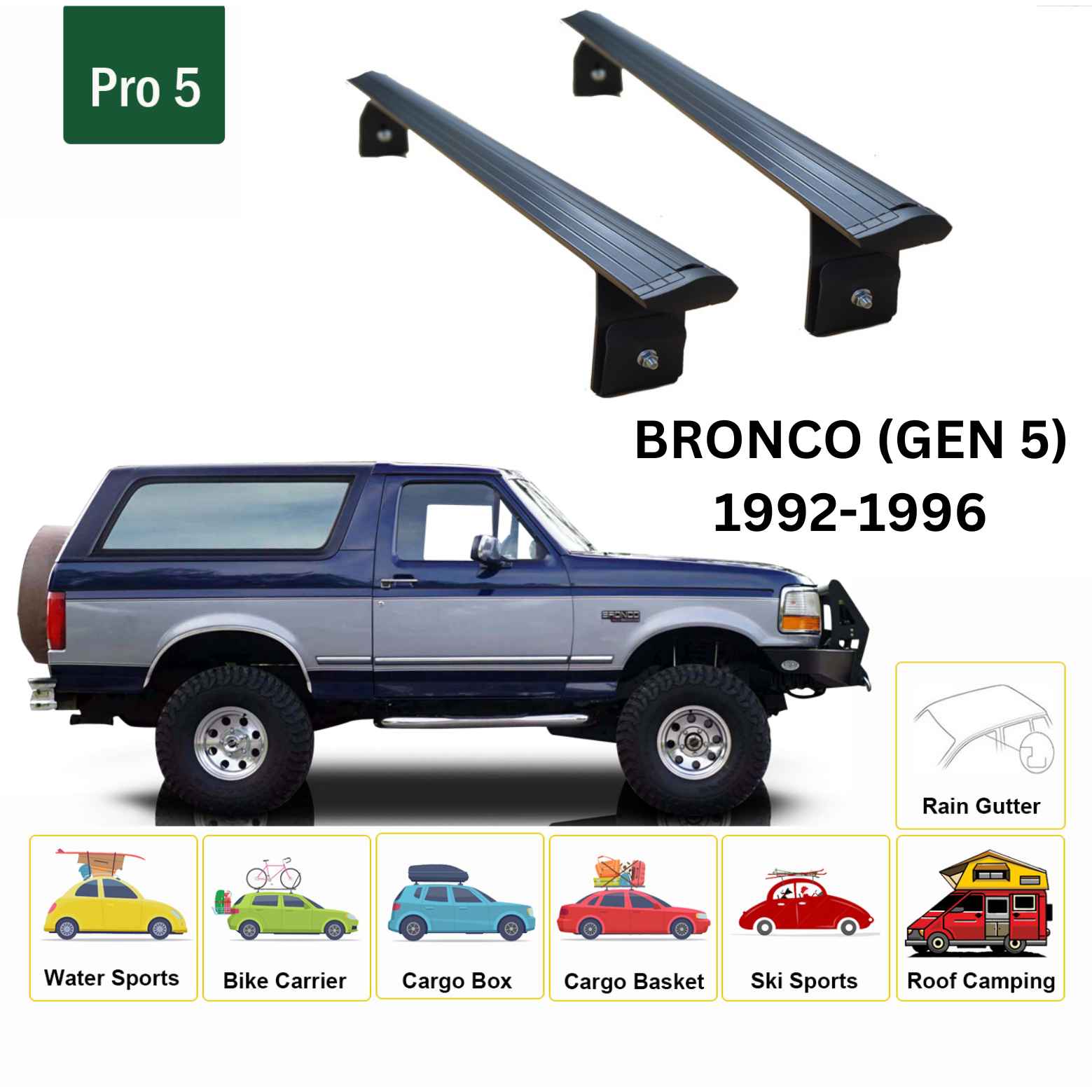 For Ford Bronco (GEN 5) 1992-96 Roof Rack Cross Bars Rain Gutter Alu Black
