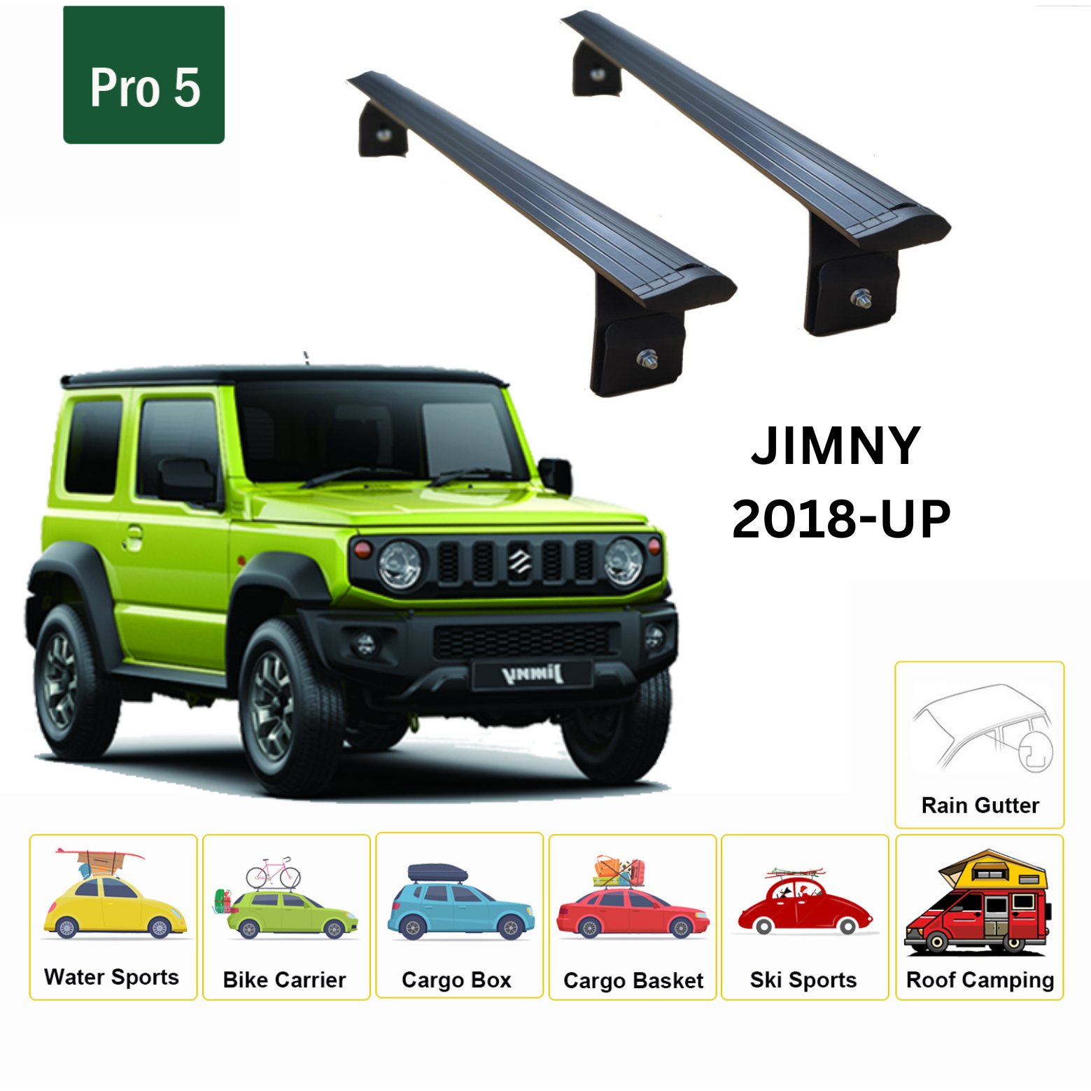 For Suzuki Jimny Roof Rack Cross Bars Metal Bracket Rain Gutters Alu Black 2018-Up