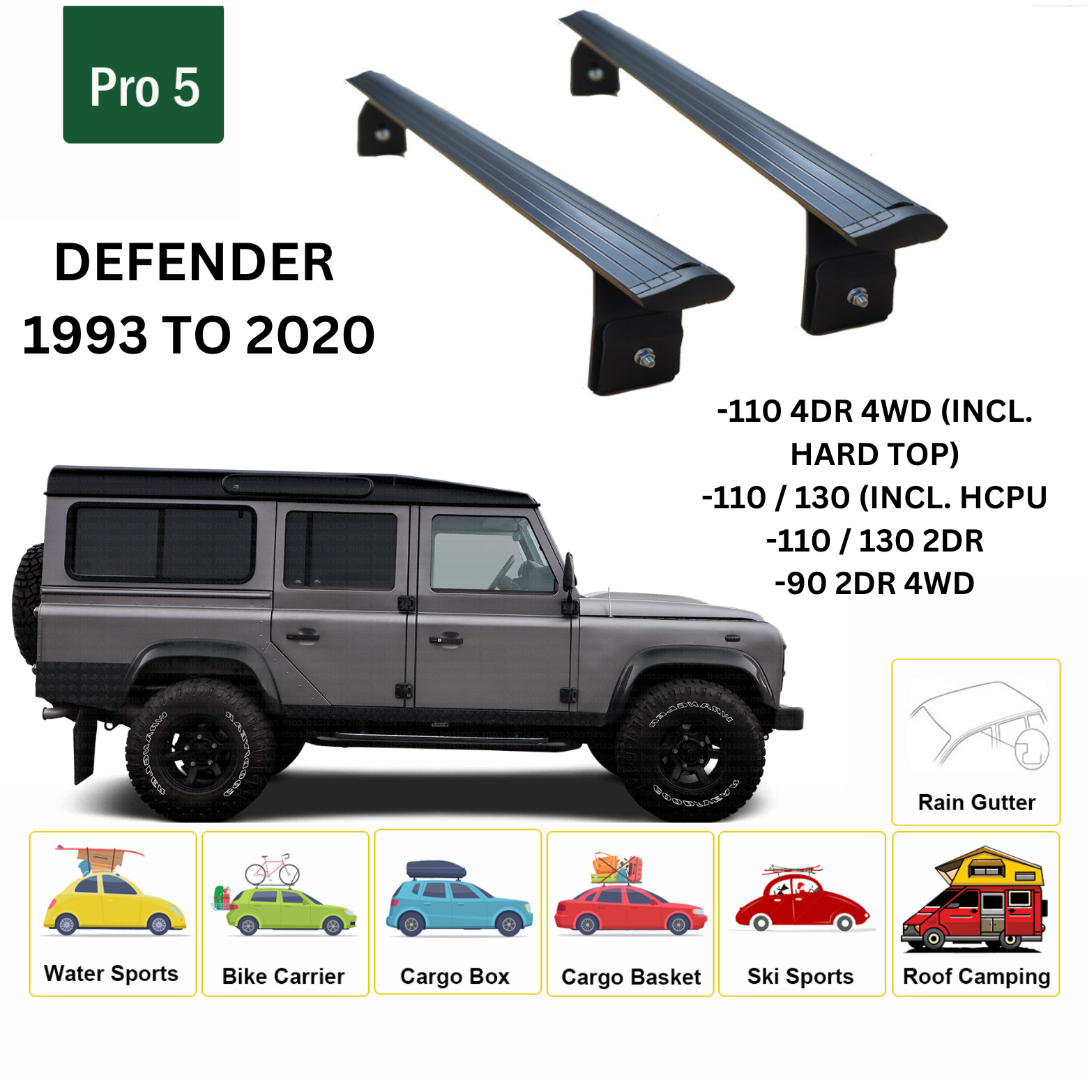 For Land Rover Defender 1993-20 Roof Rack Cross Bars Rain Gutters Silver