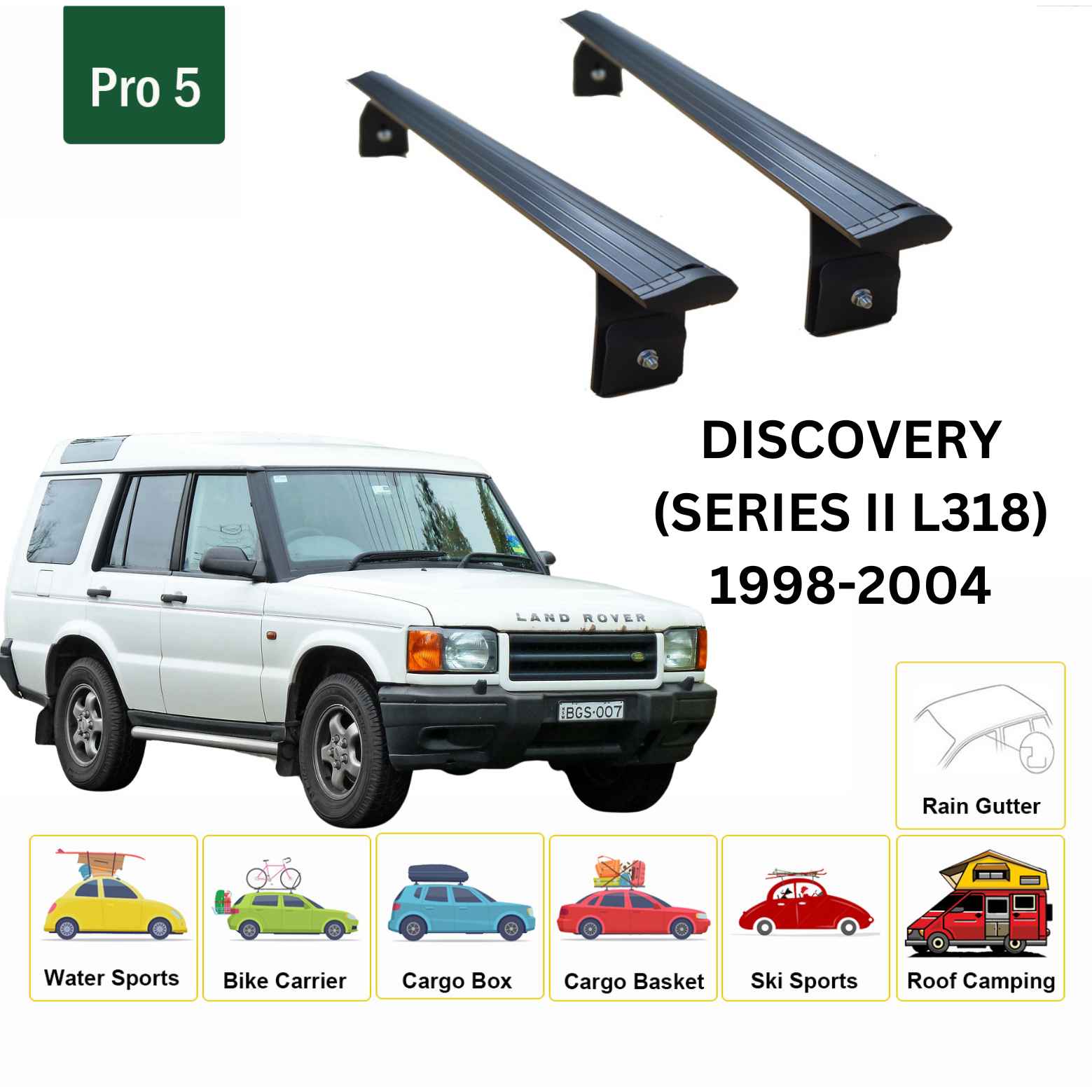 For Land Rover Discovery (Series II) 1998-04 Roof Rack Cross Bars Rain Gutter Alu Black