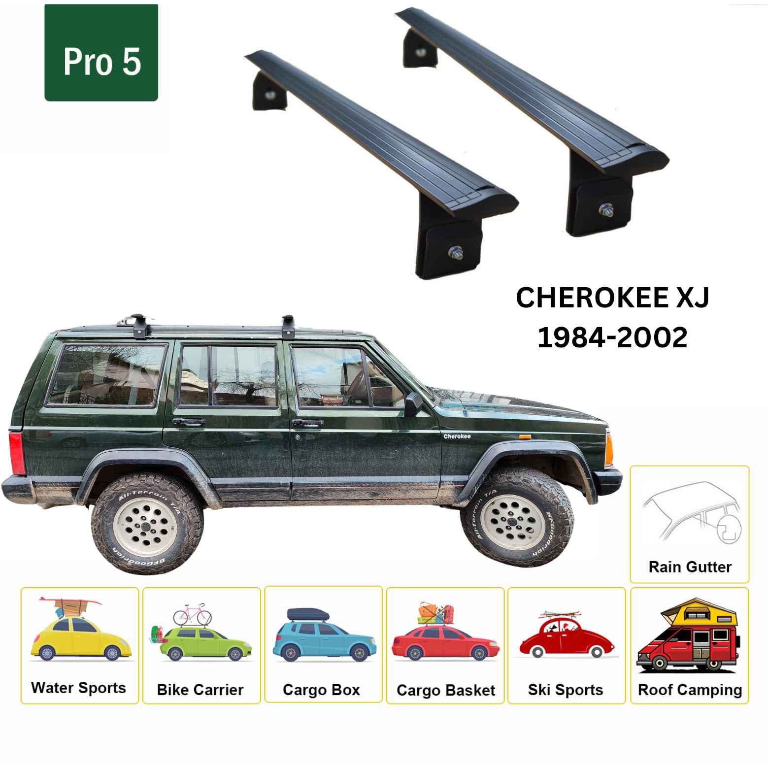 For Jeep CHEROKEE XJ 1984-2002 Roof Rack Cross Bars Rain Gutters Black - 0