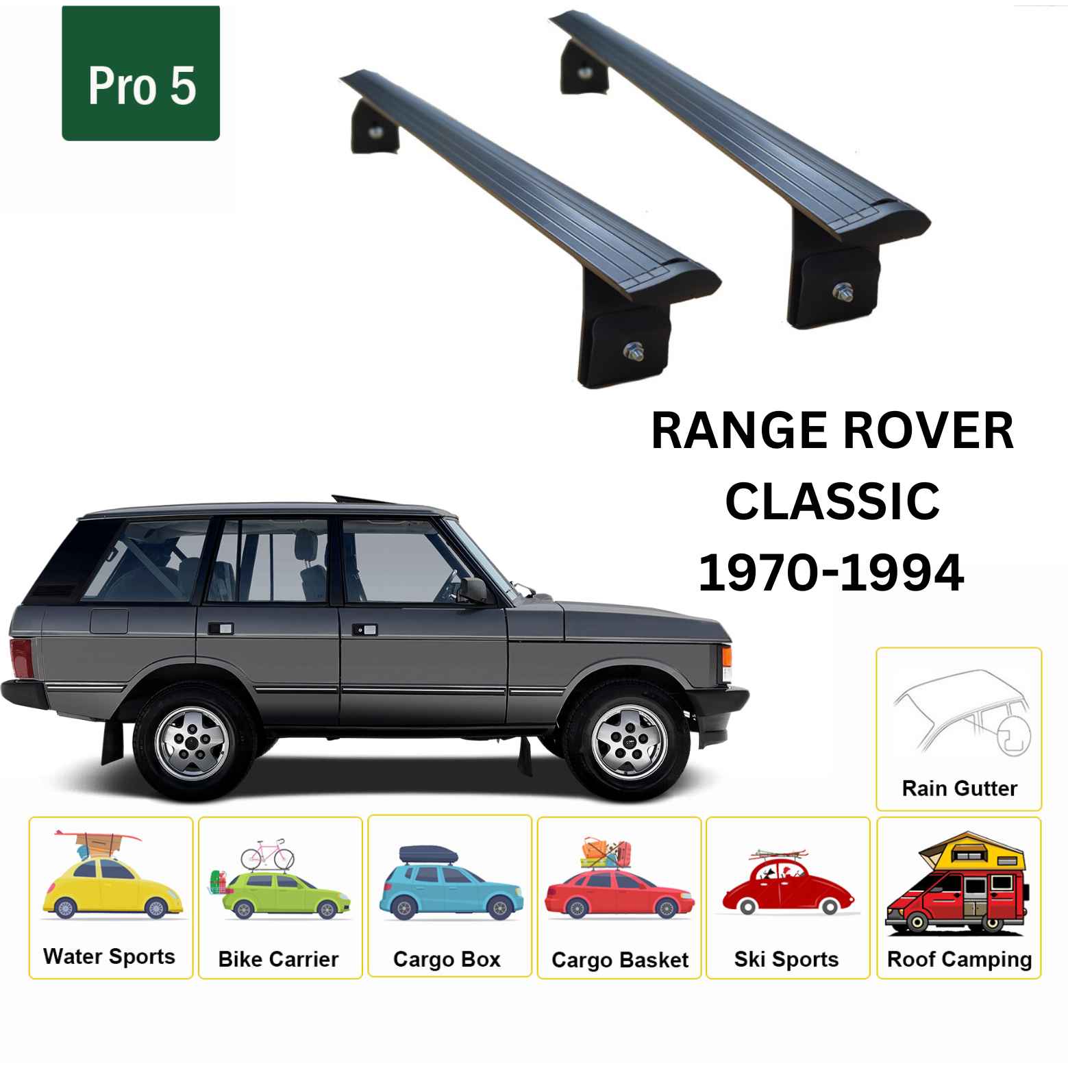 For Land Rover Range Rover Classic 1970-94 Cross Bars Rain Gutter Alu Black - 0