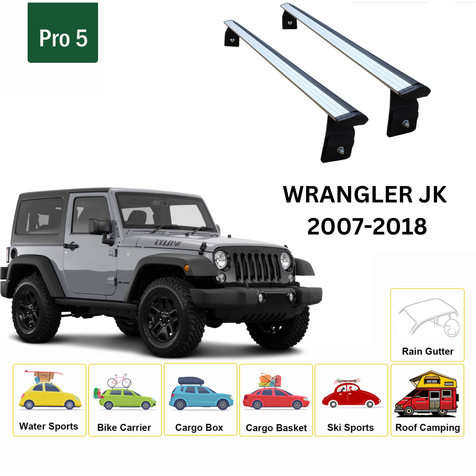 Für Jeep Wrangler JK 2007–2018 Dachträgersystem, Aluminium-Querstange, Metallhalterung, abschließbar, mit Regenrinnen in Silber