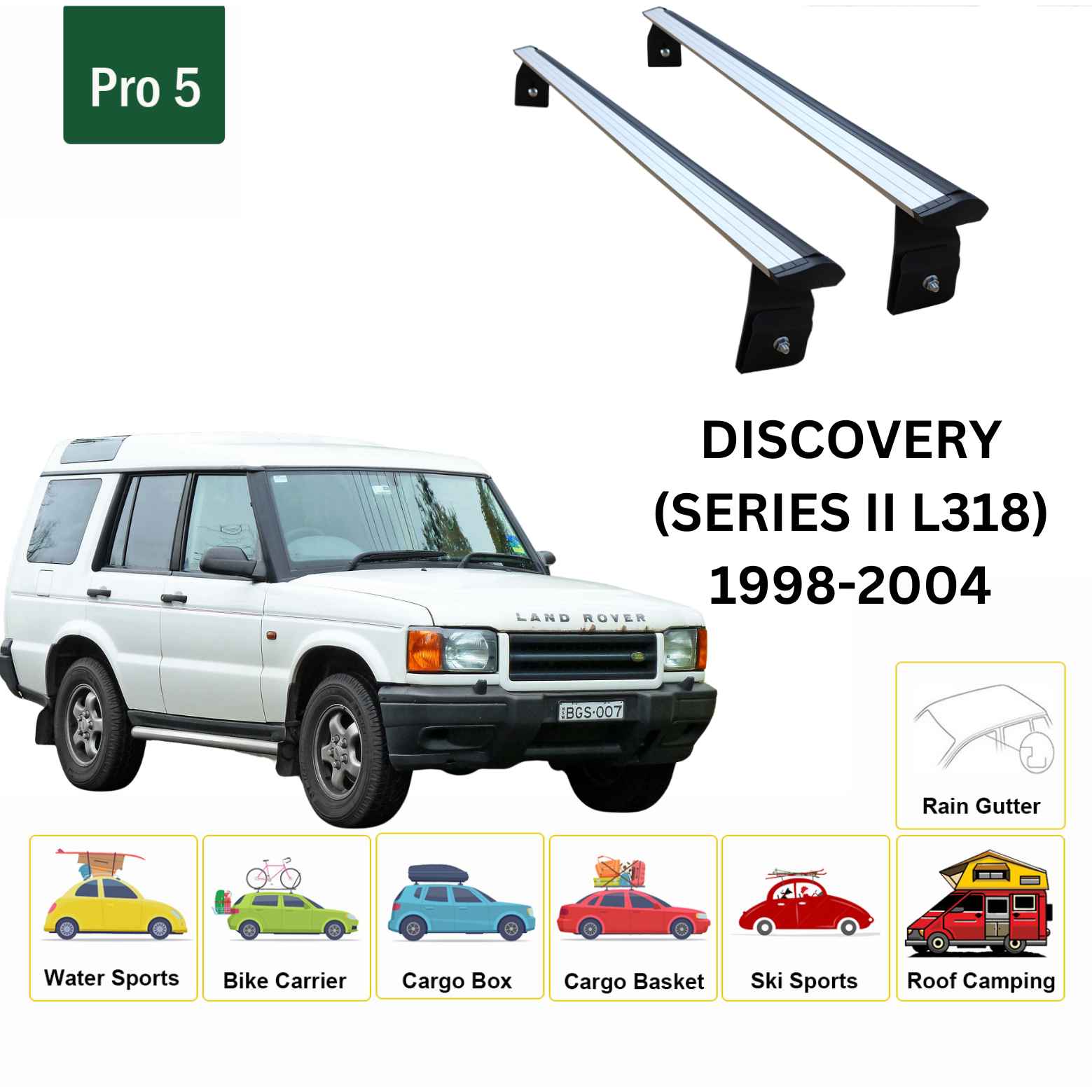 For Land Rover Discovery (Series II) 1998-04 Roof Rack Cross Bars Rain Gutter Alu Silver