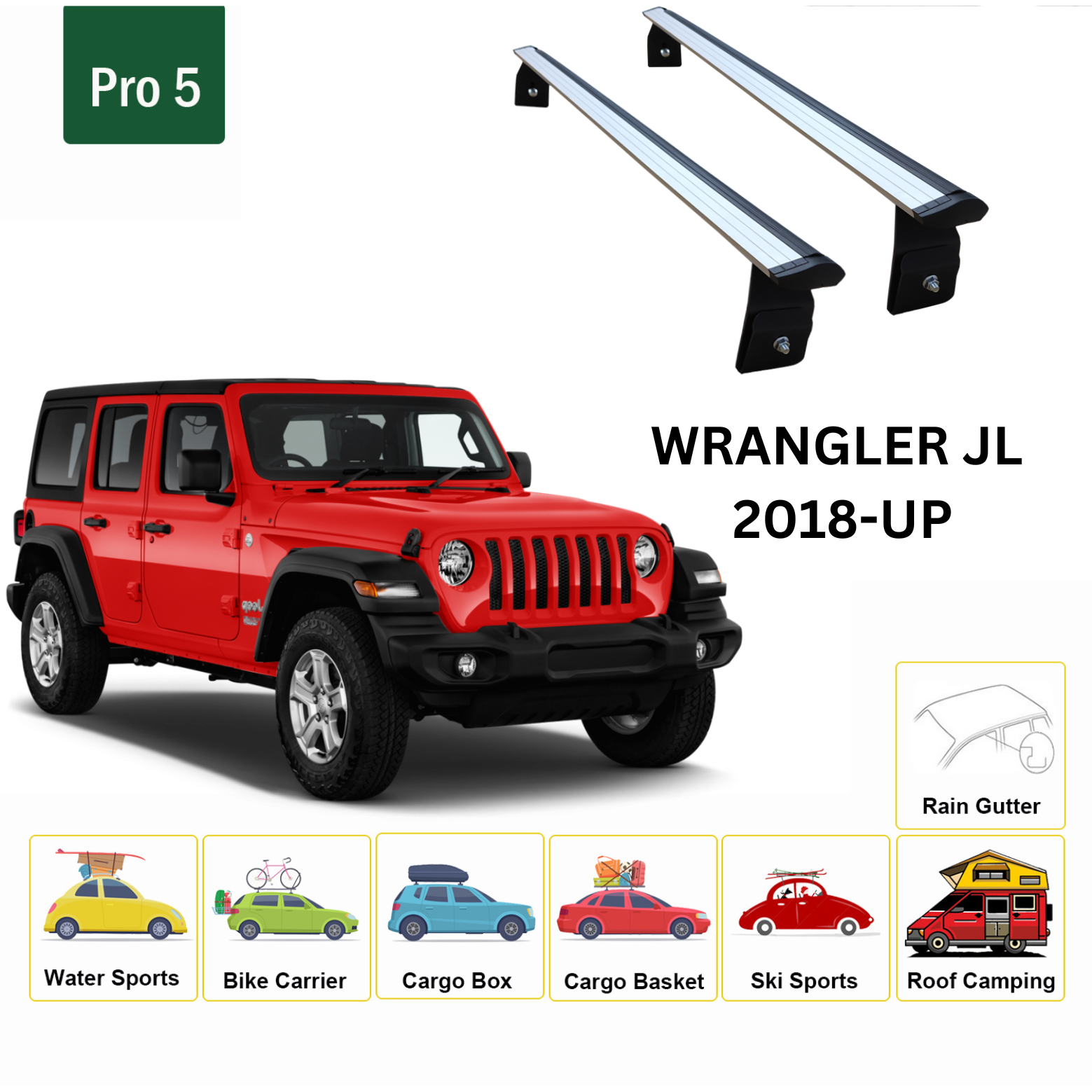 For Jeep Wrangler JL 2018-Up Roof Rack Cross Bars Metal Bracket Rain Gutters Silver - 0
