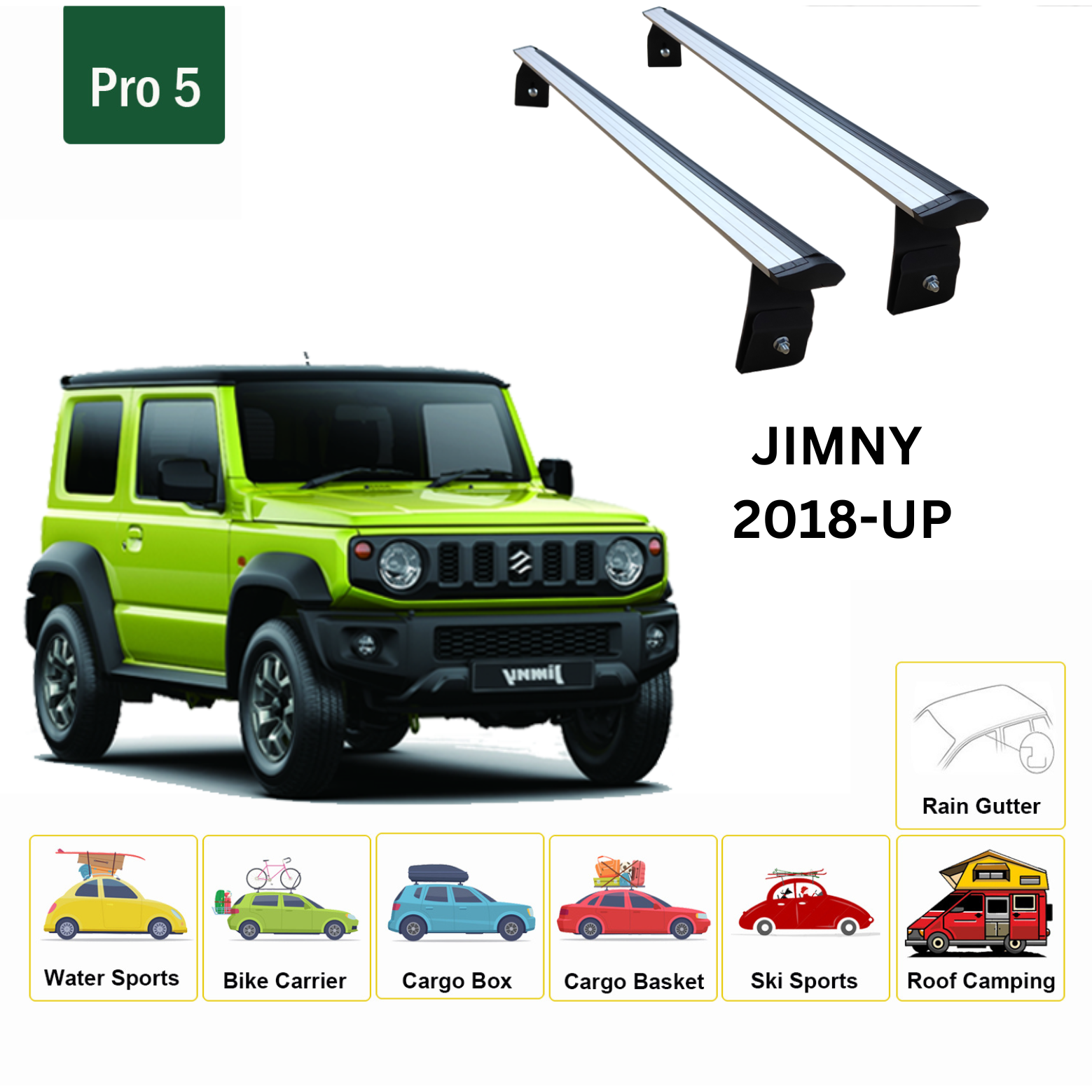 For Suzuki Jimny 3dr 2018-Up Roof Rack Cross Bars Metal Bracket Rain Gutters Alu Silver - 0