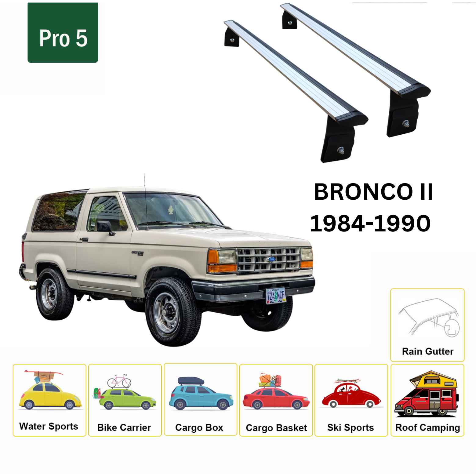 For Ford Bronco II 1984-90 Roof Rack Cross Bars Rain Gutter Alu Silver
