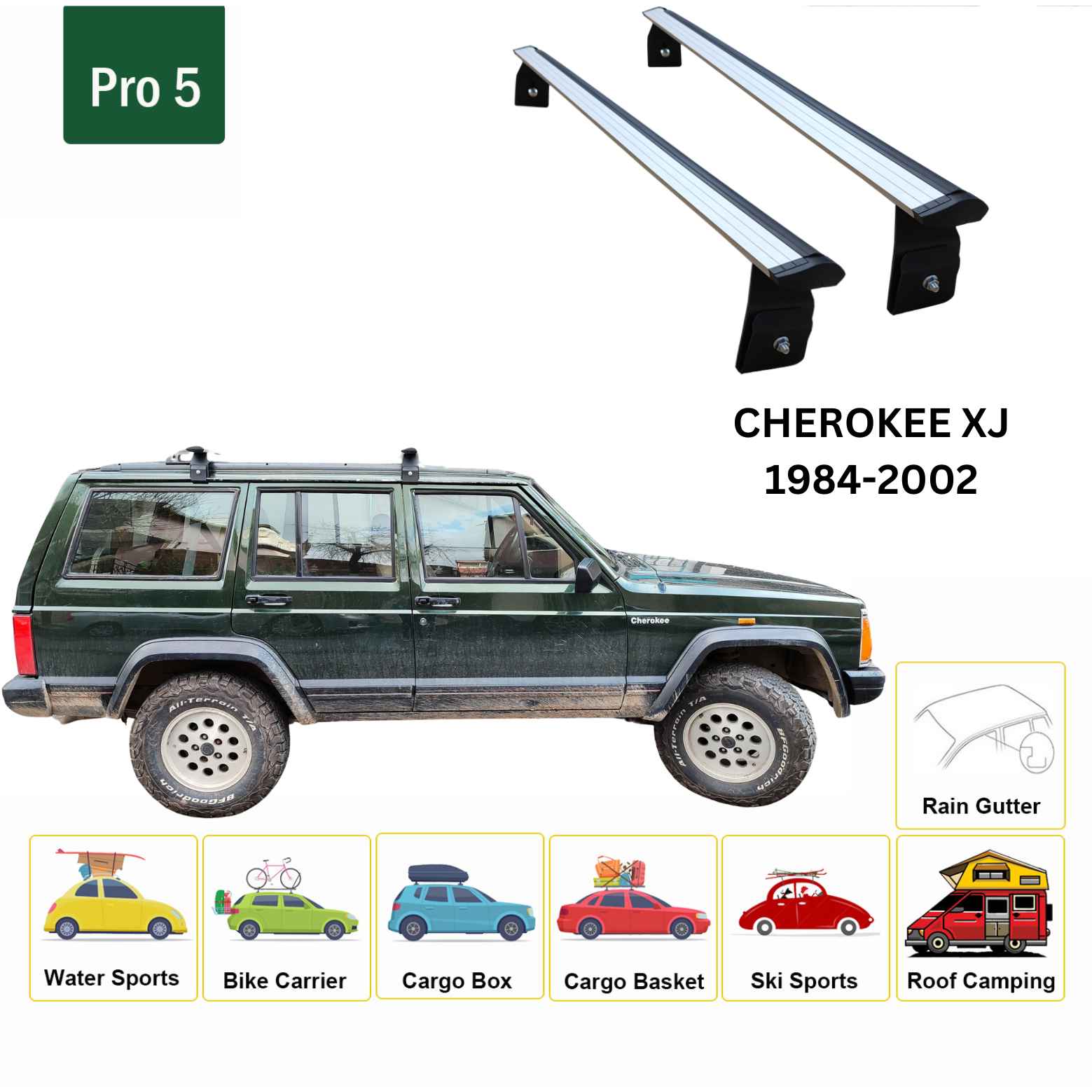 For Jeep CHEROKEE XJ 1984-2002 Roof Rack Cross Bars Rain Gutters Silver - 0