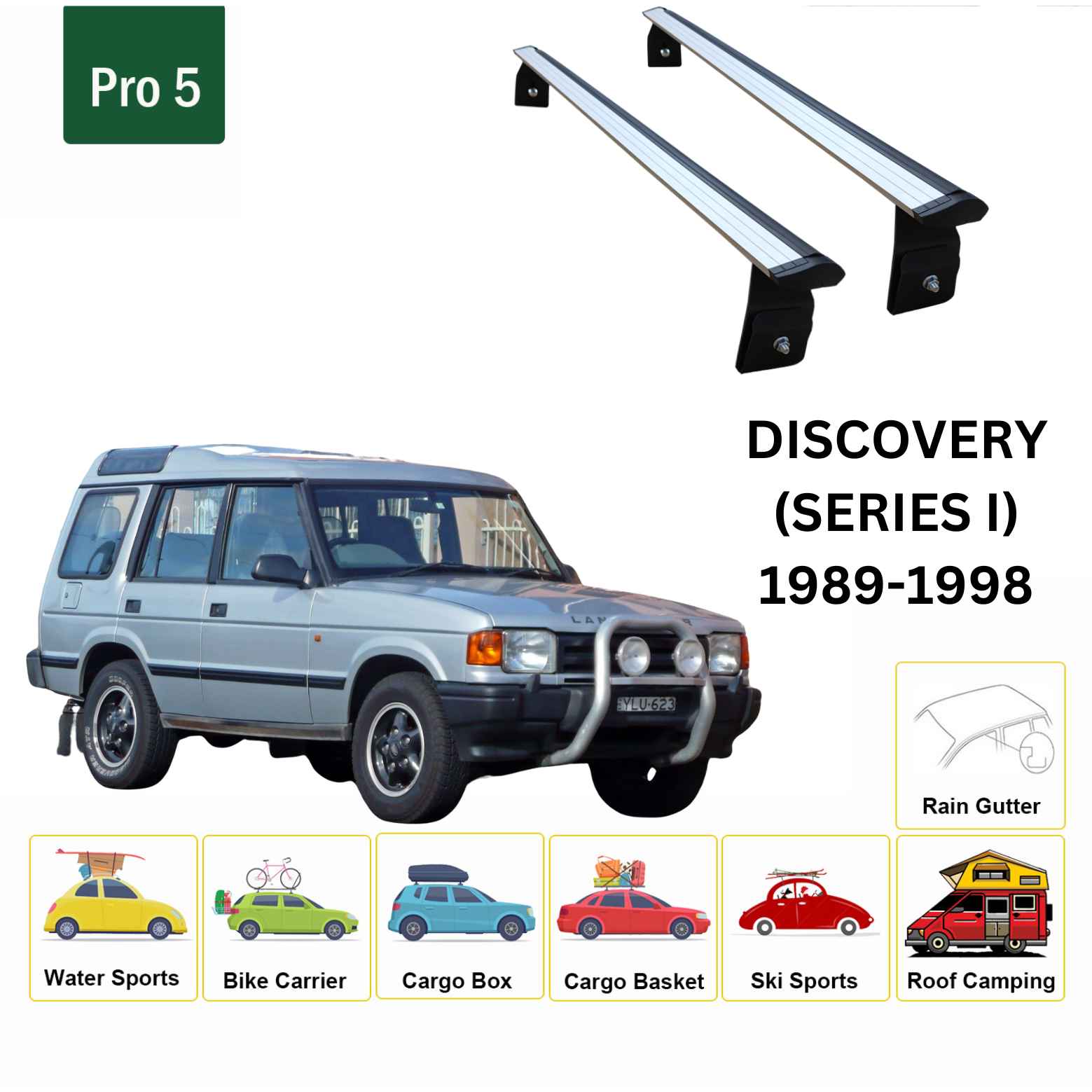 For Land Rover Discovery (Series 1) 1989-98 Roof Rack Cross Bars Rain Gutter Alu Silver - 0