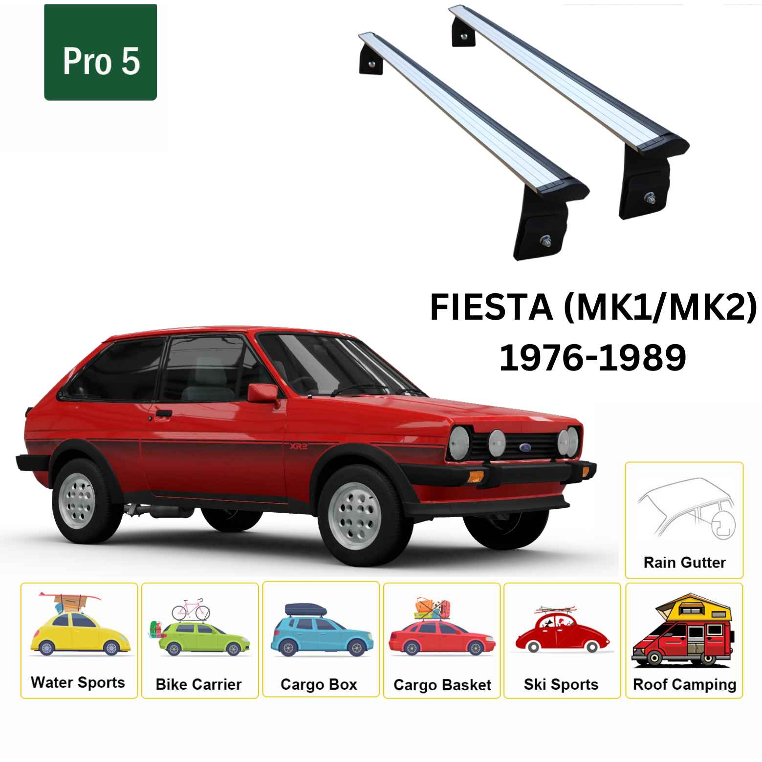 For Ford Fiesta (MK1/MK2) 1976-89 Roof Rack Cross Bars Rain Gutter Alu Silver - 0