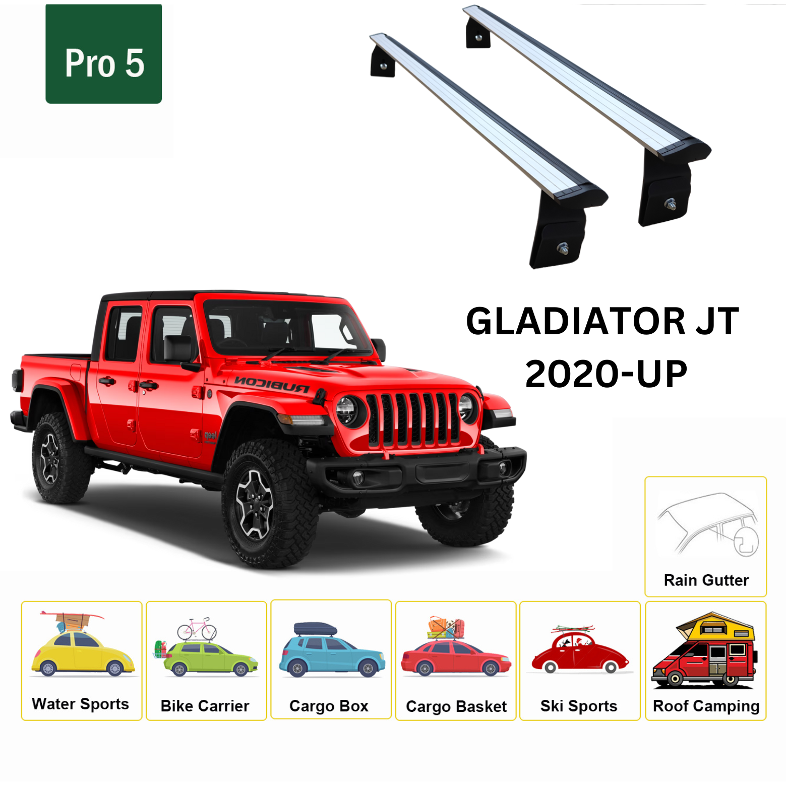 Für Jeep Gladiator JT 2020-Up Dachträgersystem, Aluminium-Querstange, Metallhalterung, abschließbar, Silber - 0