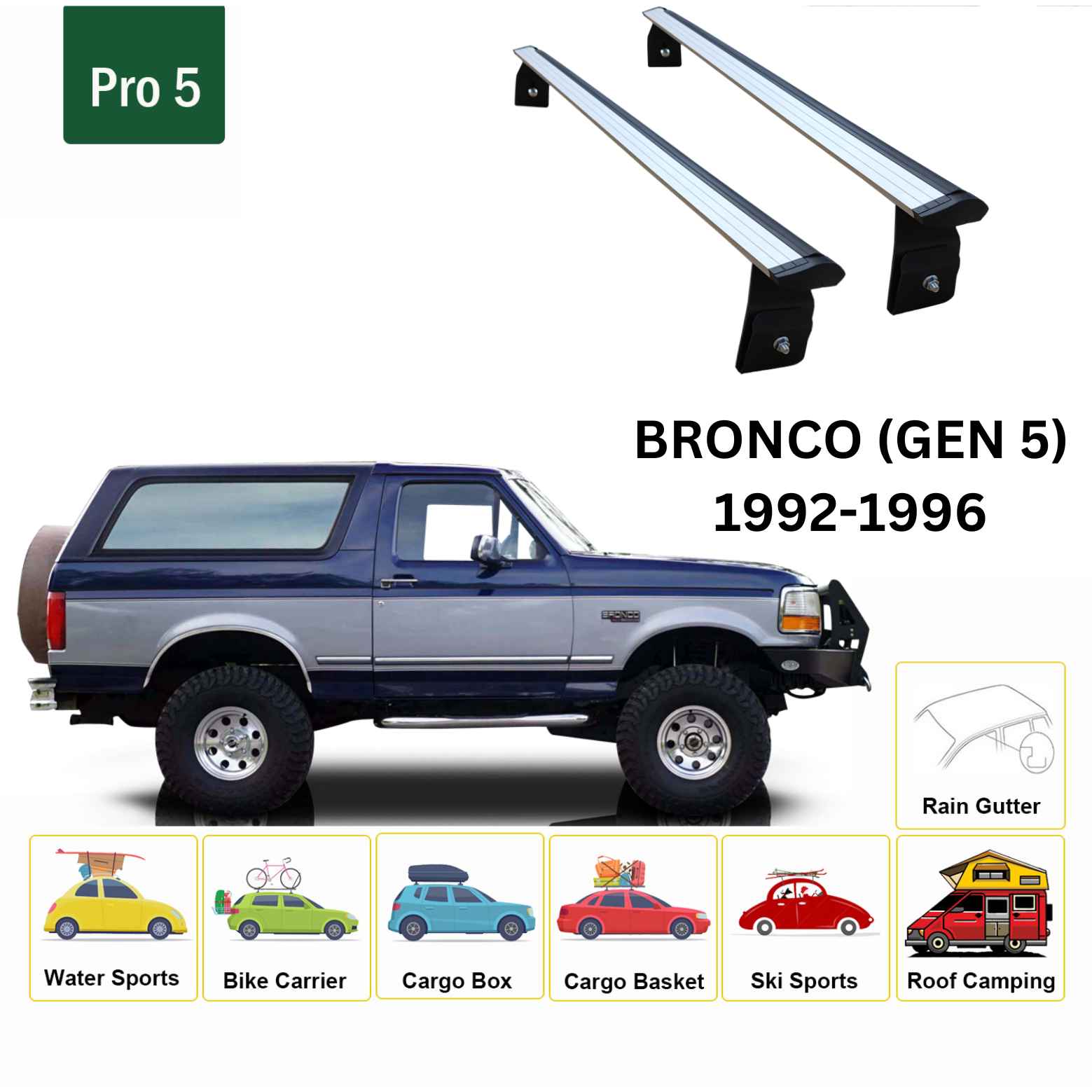 For Ford Bronco (GEN 5) 1992-96 Roof Rack Cross Bars Rain Gutter Alu Silver - 0
