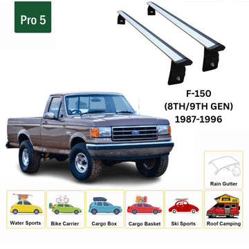 For Ford F-150 (1987-1996) Cross Bars Rain Gutter, Silver - 0