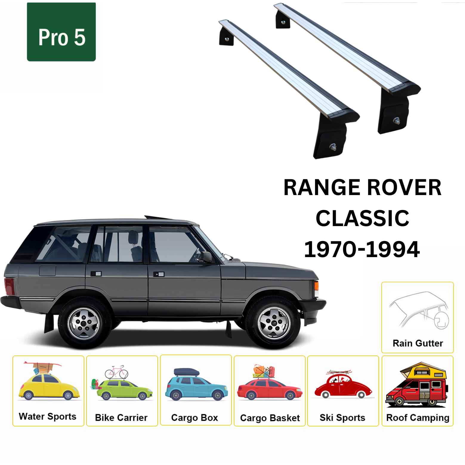 For Land Rover Range Rover Classic 1970-94 Cross Bars Rain Gutter Alu Silver - 0