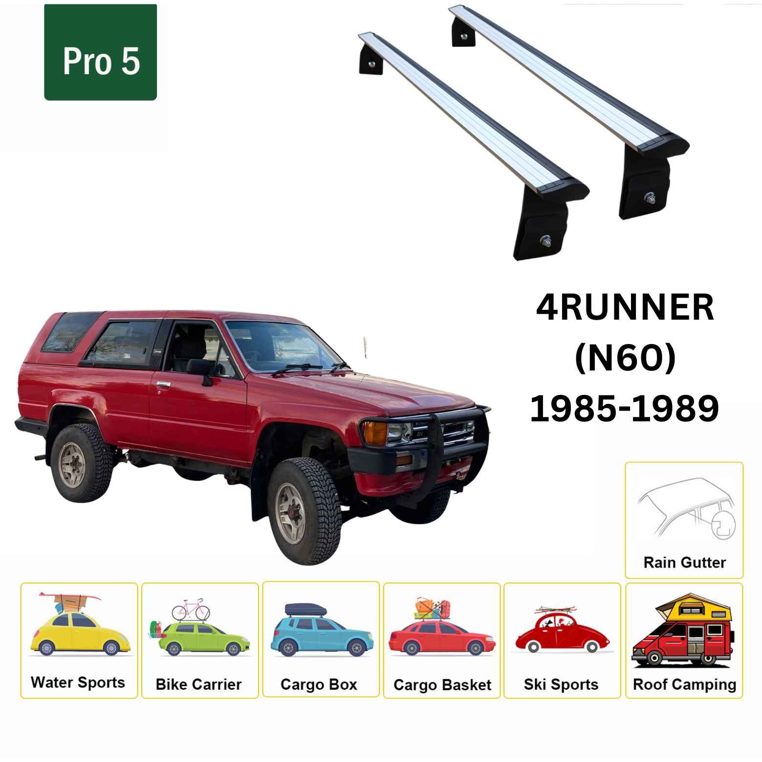 For Toyota 4Runner (N60) 1985-89 Roof Rack Cross Bars Rain Gutter Alu Silver