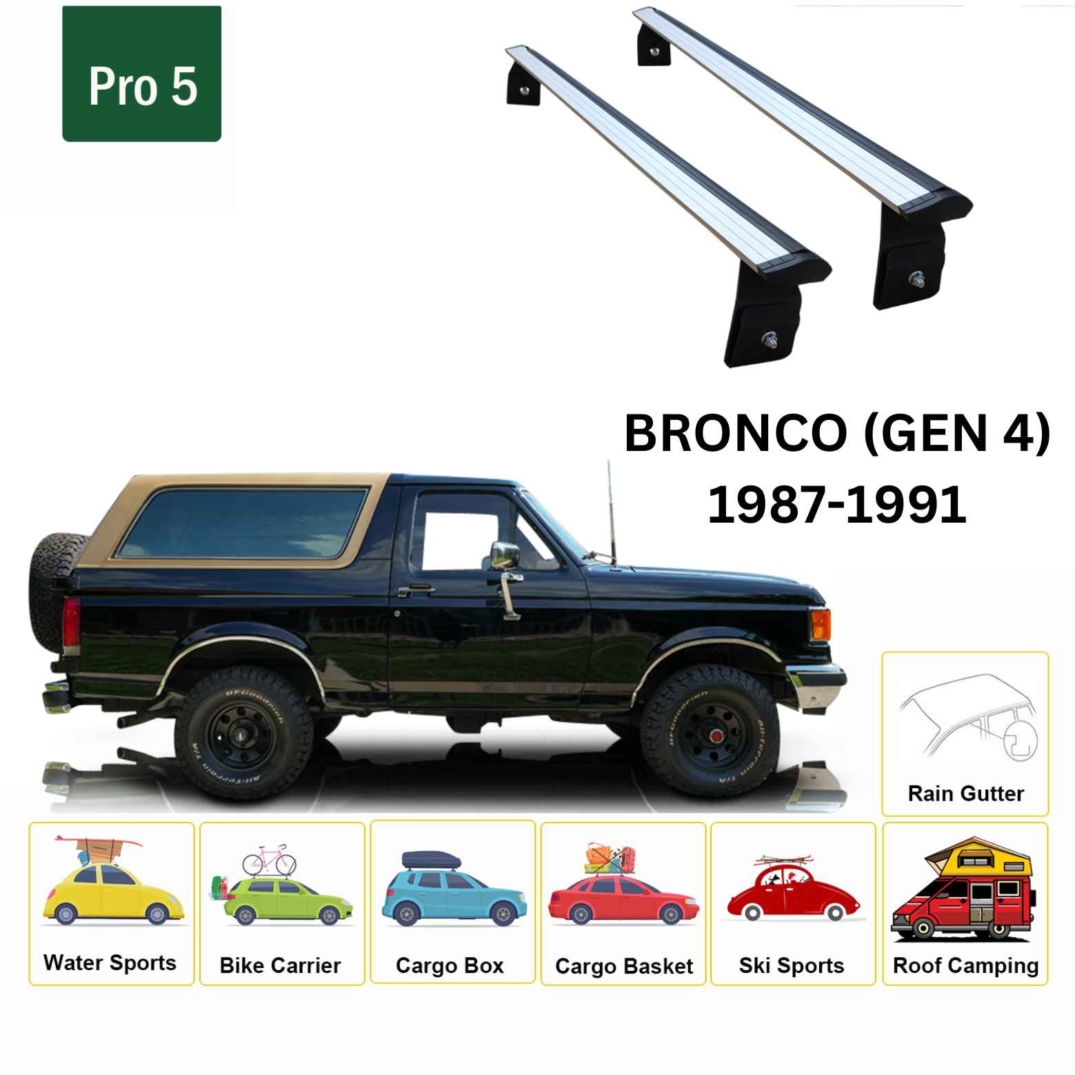 For Ford Bronco (GEN 4) 1987-91 Roof Rack Cross Bars Rain Gutter Alu Silver