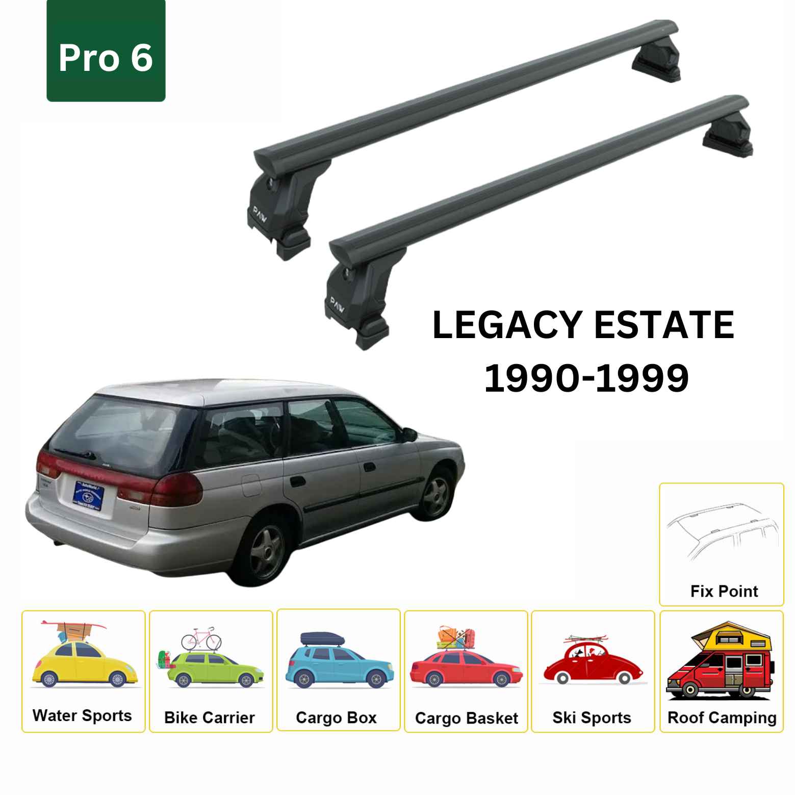 For Subaru Legacy Estate/Wagon 1990-99 Roof Rack Cross Bar Fix Point Alu Black - 0