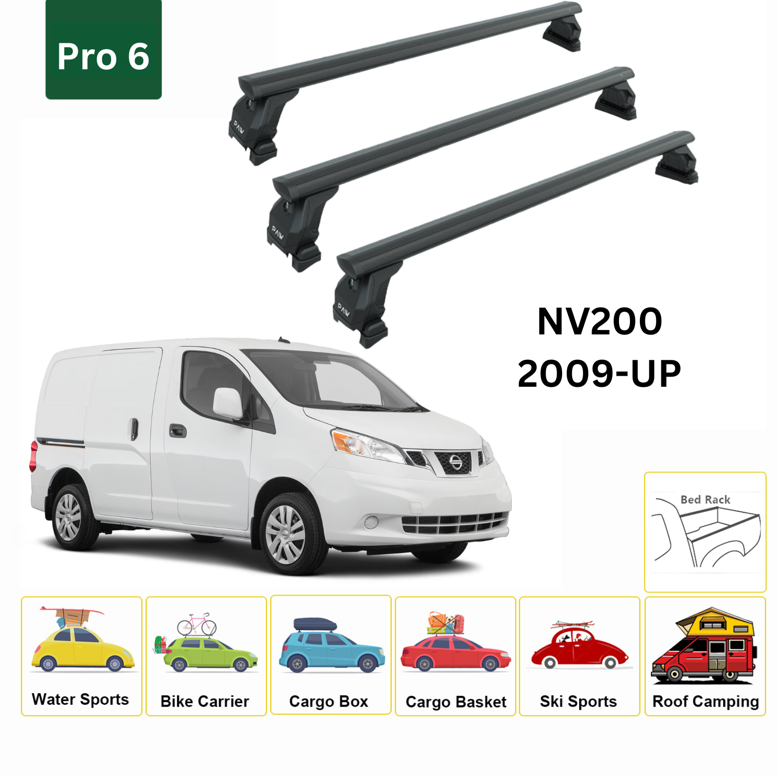 For Nissan NV200 2009-Up 3Qty Roof Rack Cross Bars Fix Point Pro 6 Alu Black - 0