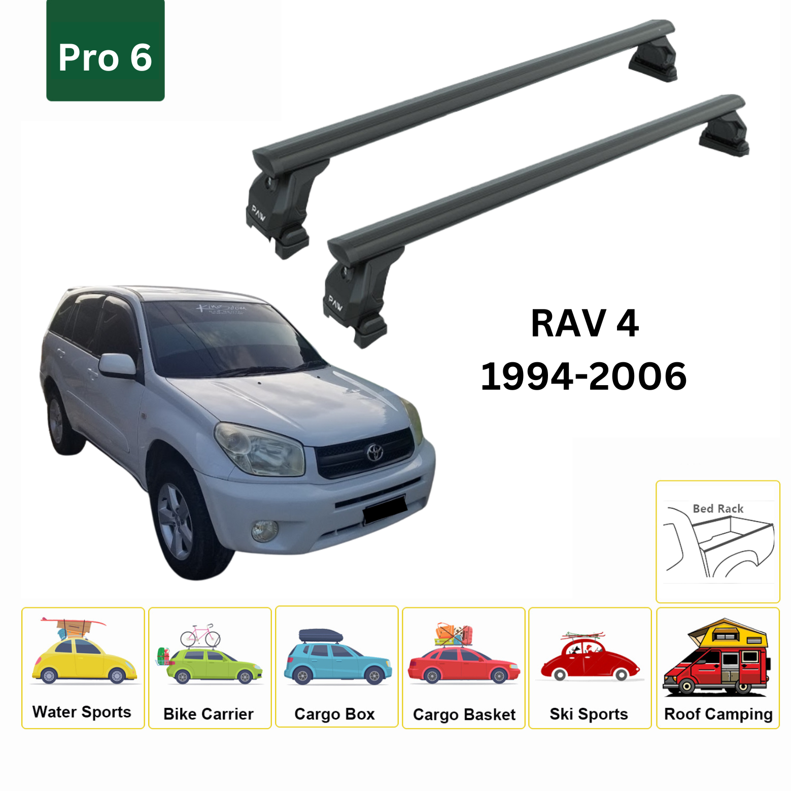 For Toyota Rav 4 1994-2006 Roof Rack Cross Bars Metal Bracket Fix Point Pro 6 Alu Black
