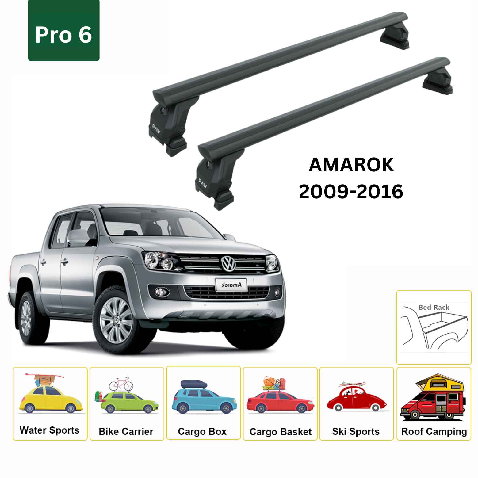 For Volkswagen Amarok 2009-16 Cross Bars Bed Rack Alu Black - 0