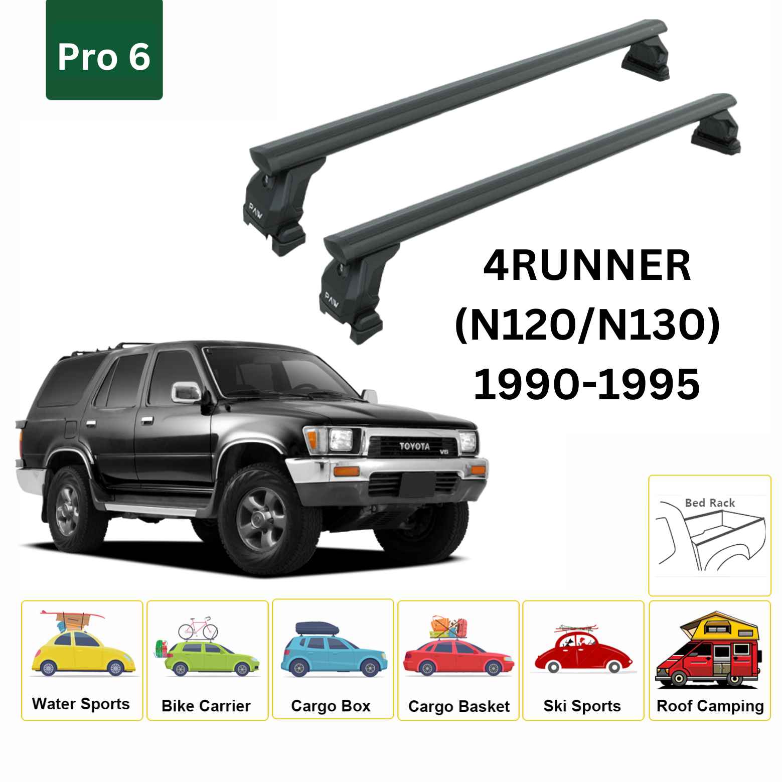For Toyota 4Runner (N120/30) 1990-95 Roof Rack Cross Bars Fix Channeled Alu Black - 0