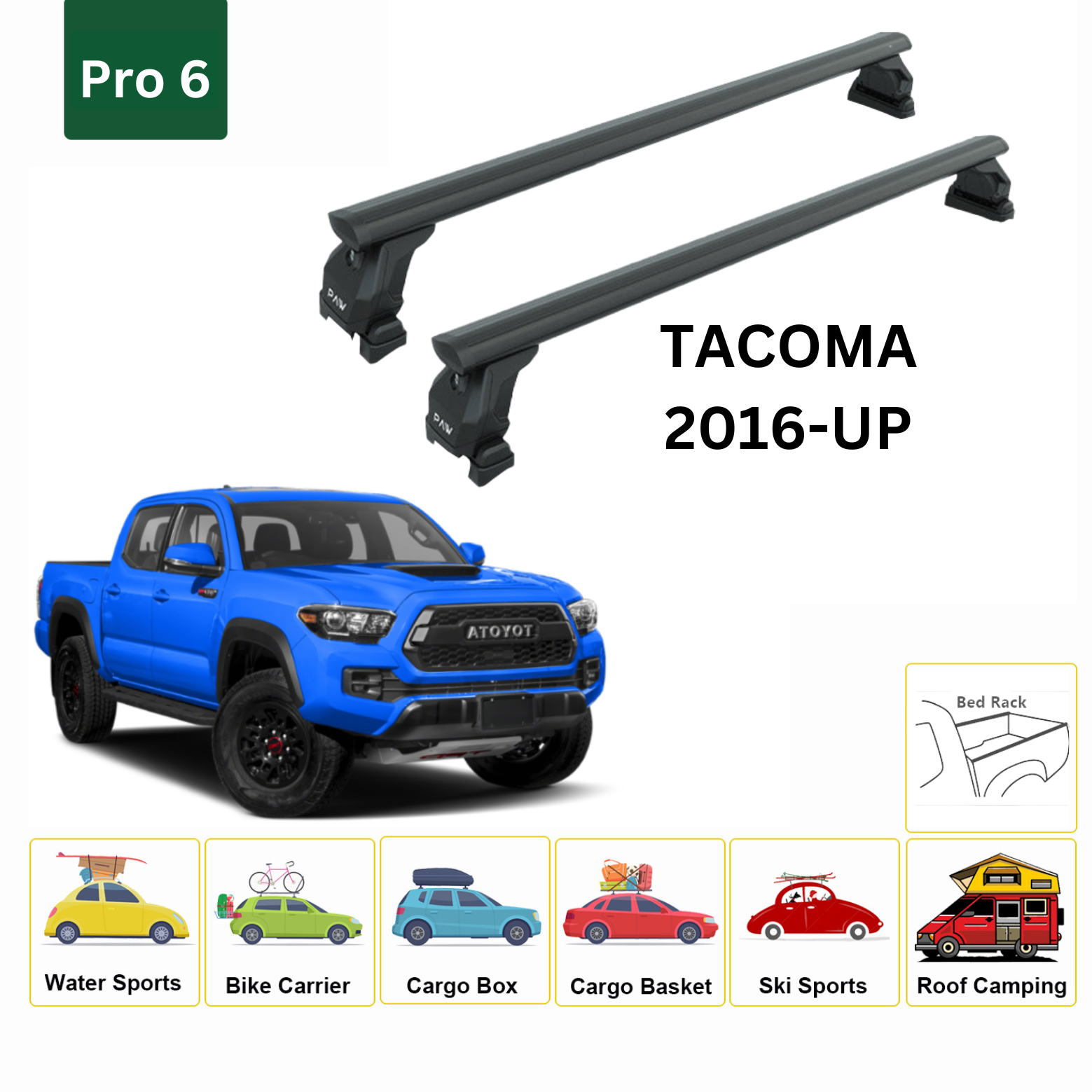 For Toyota Tacoma 2016-Up Roof Rack Cross Bars Metal Bracket Normal Roof Alu Black-2