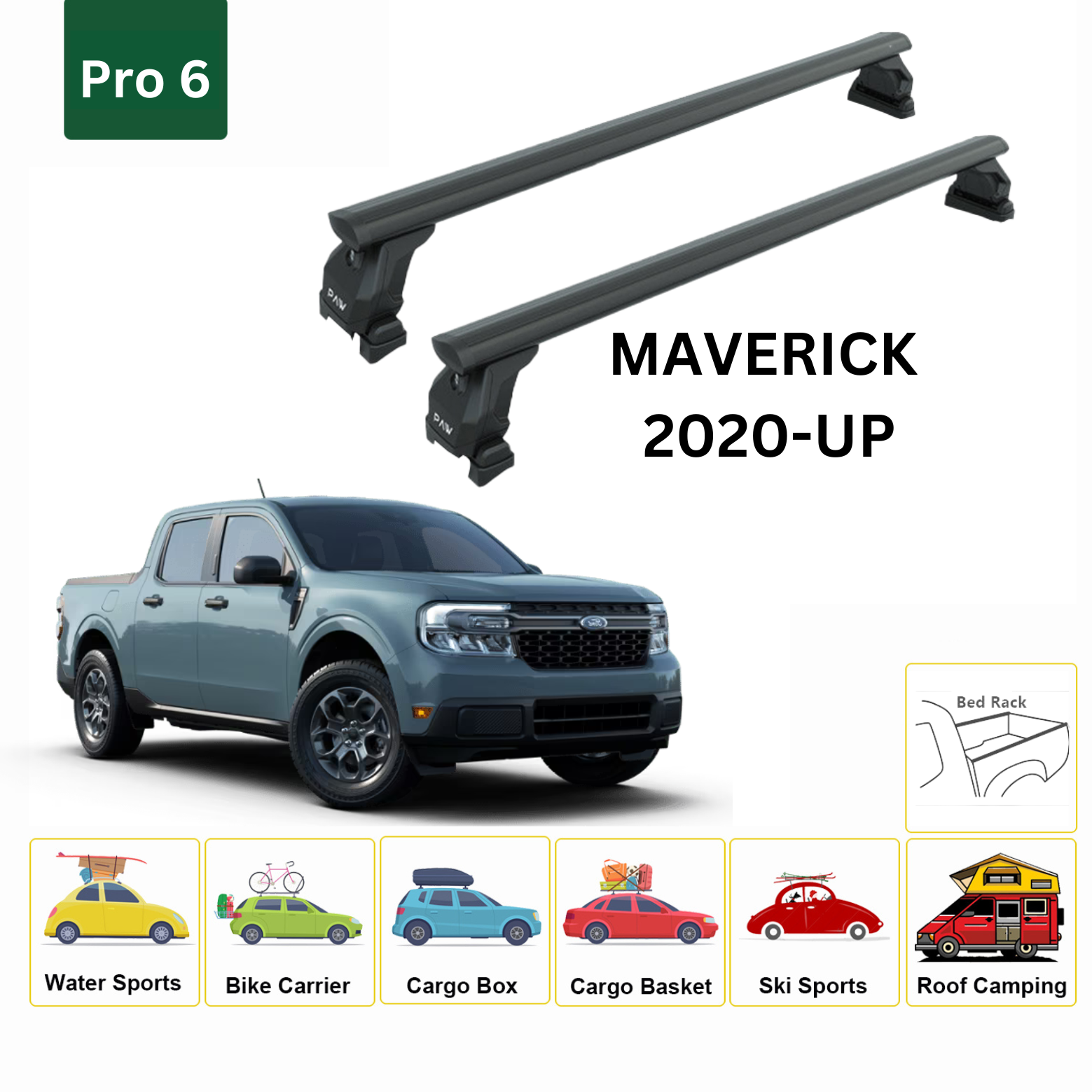 for Ford Maverick 2020- Up Bed Rack Cross Bars Metal Bracket Alu Silver