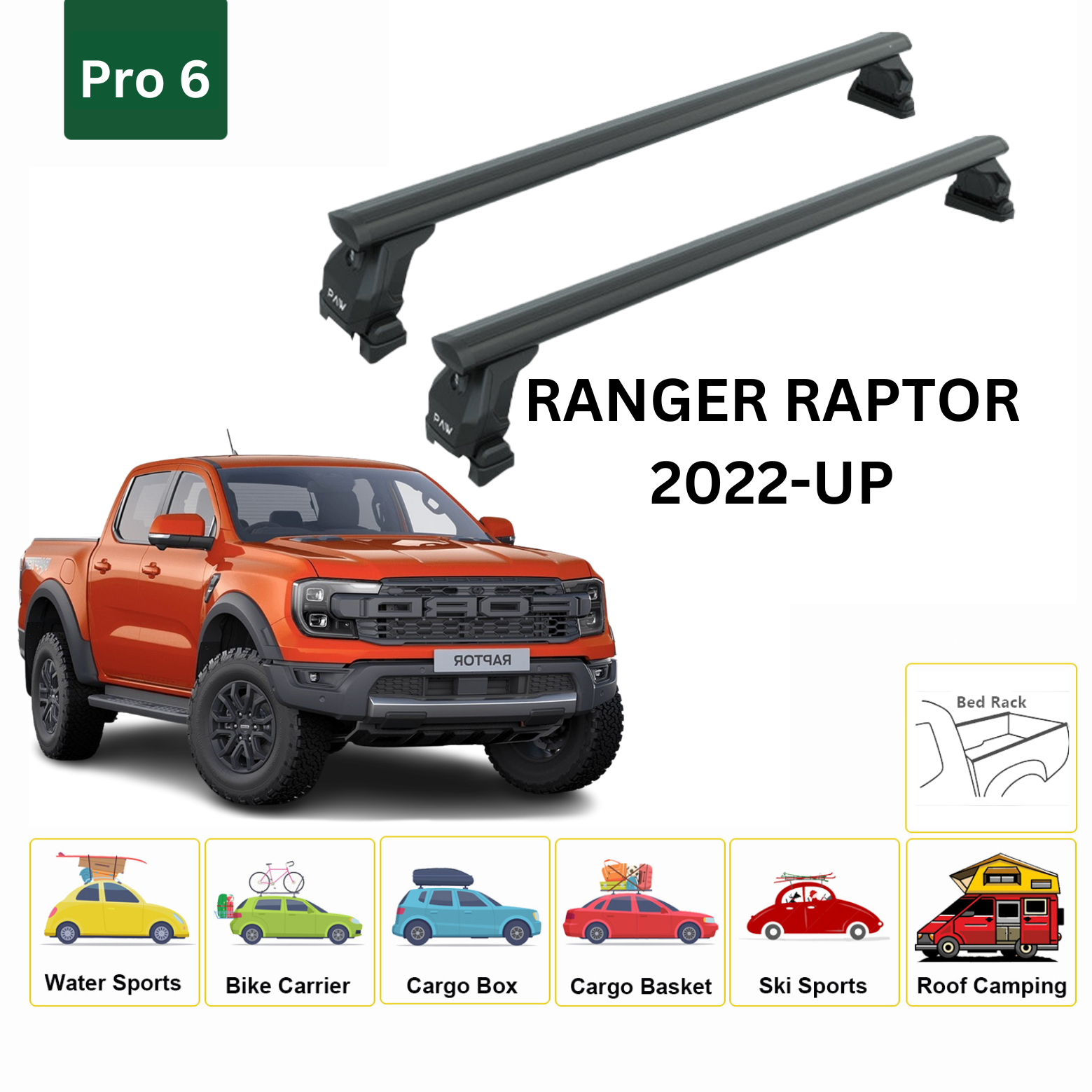 For Ford Ranger Raptor 2022- Up Bed Rack Cross Bars Metal Bracket Alu Black - 0
